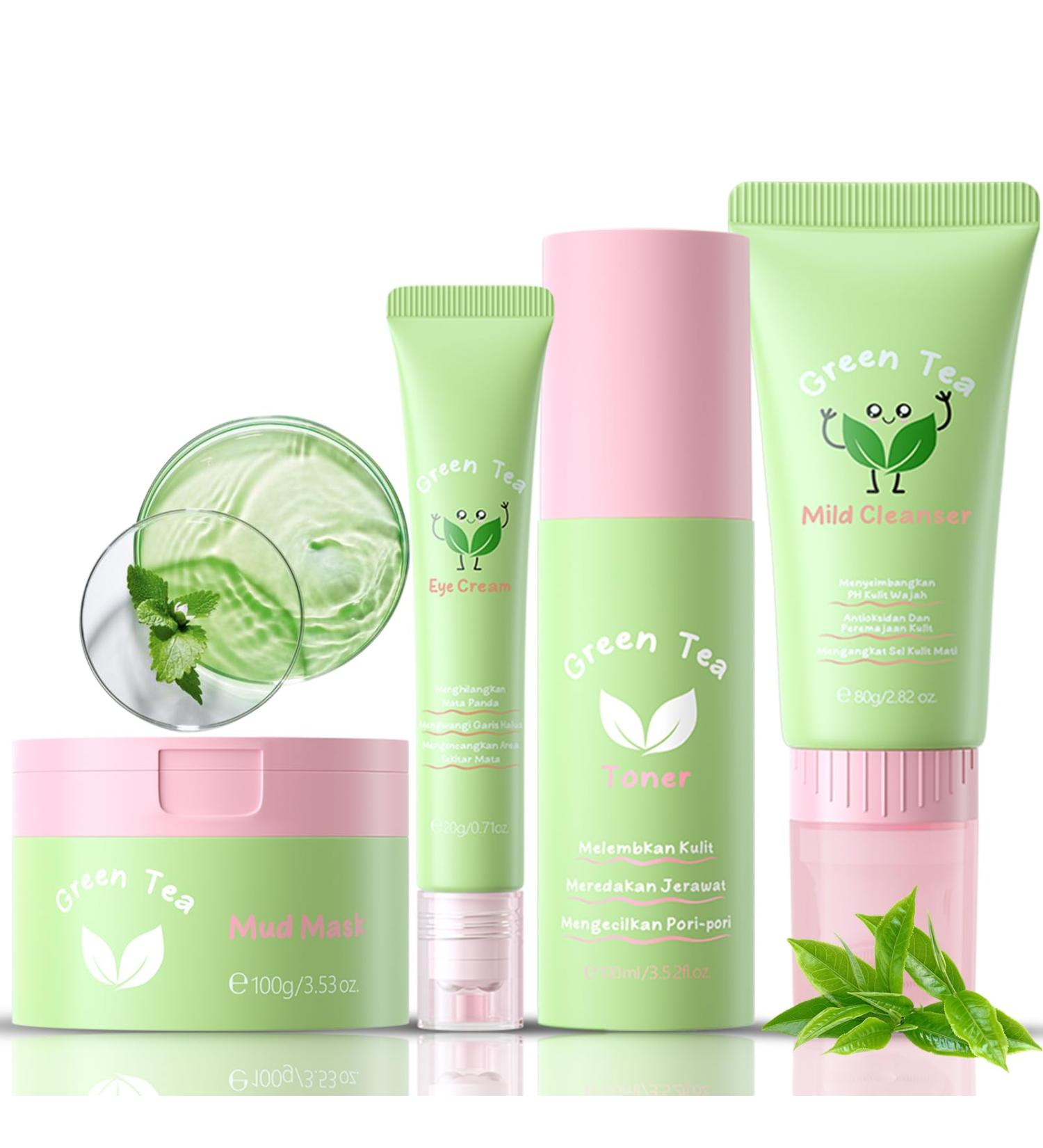 Green Tea Korean Skin Care Set - 4-in-1 Skincare for Women & Teens | Eye Cream Cleanser Mud Mask Toner | Control Oil & Shrink Pores - Buy Online on GoSupps.com