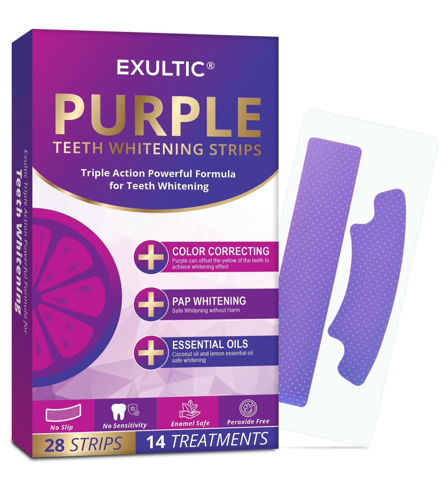 Purple Teeth Whitening Strips Color Correcting + Pap + Essential Oils Triple Action Powerful Formula Teeth Whitening Peroxide Free Sensitive Friendly Teeth Whitening Kit 28 Strips - Buy Online on GoSupps.com