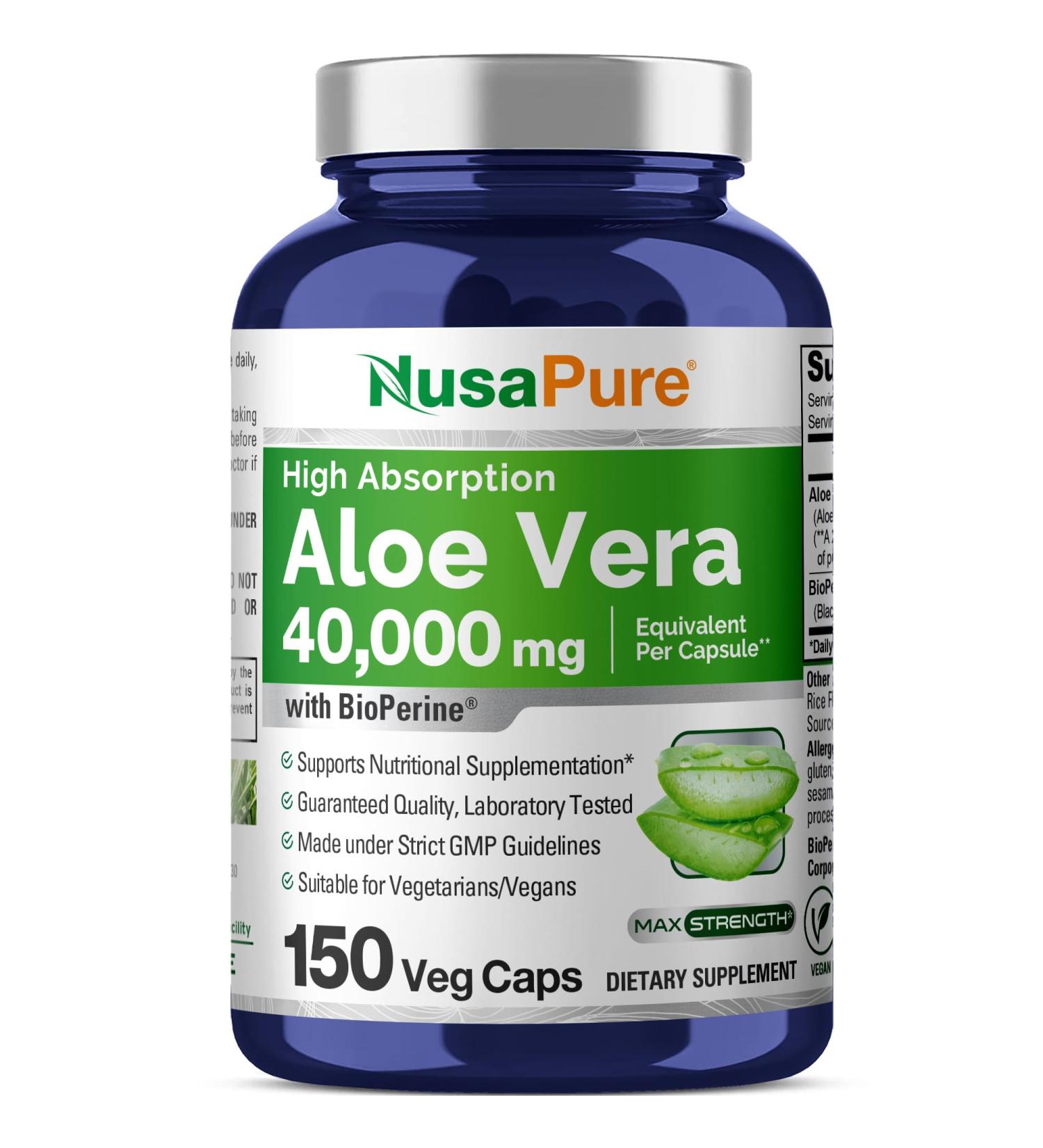 NusaPure Aloe Vera 40 000mg Per Veggie Caps - 150 Count - Aloe Vera Gel Supplement - Extract 200:1 Vegetarian Non-GMO Bioperine - Buy Online on GoSupps.com