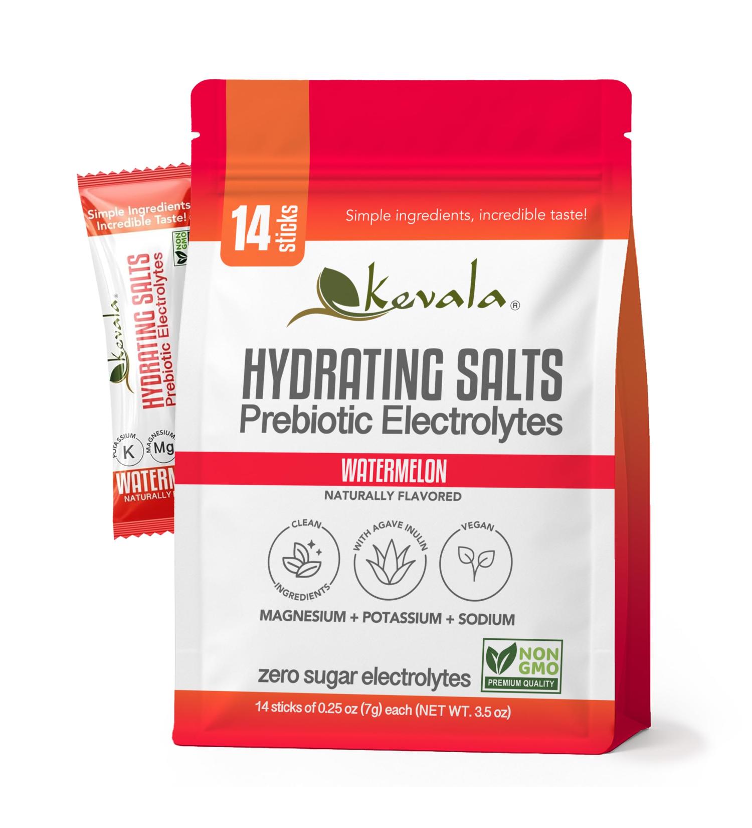 kevala Electrolytes Watermelon Powder Packets | Sugar Free Drink Mix Packets with Prebiotics, Potassium & Salt Electrolytes for Keto Hydration | Rehydration Support | 1 Pack (14 Sticks) - Buy Online on GoSupps.com