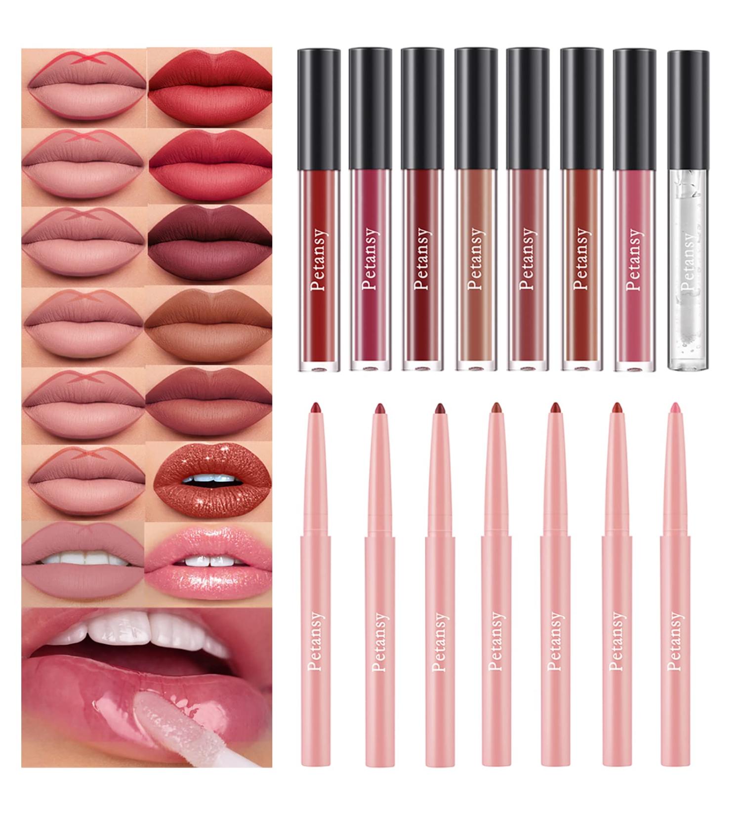 Petansy 15Pcs Lip Liner and Lipstick Set - Long Lasting Waterproof Lipsticks Gift Set, 7 Lip Liner Pencils, 5 Liquid Nude Lipsticks, 2 Matte Shimmer Lipsticks, 1 Lip Plumper - Makeup Set - Buy Online on GoSupps.com