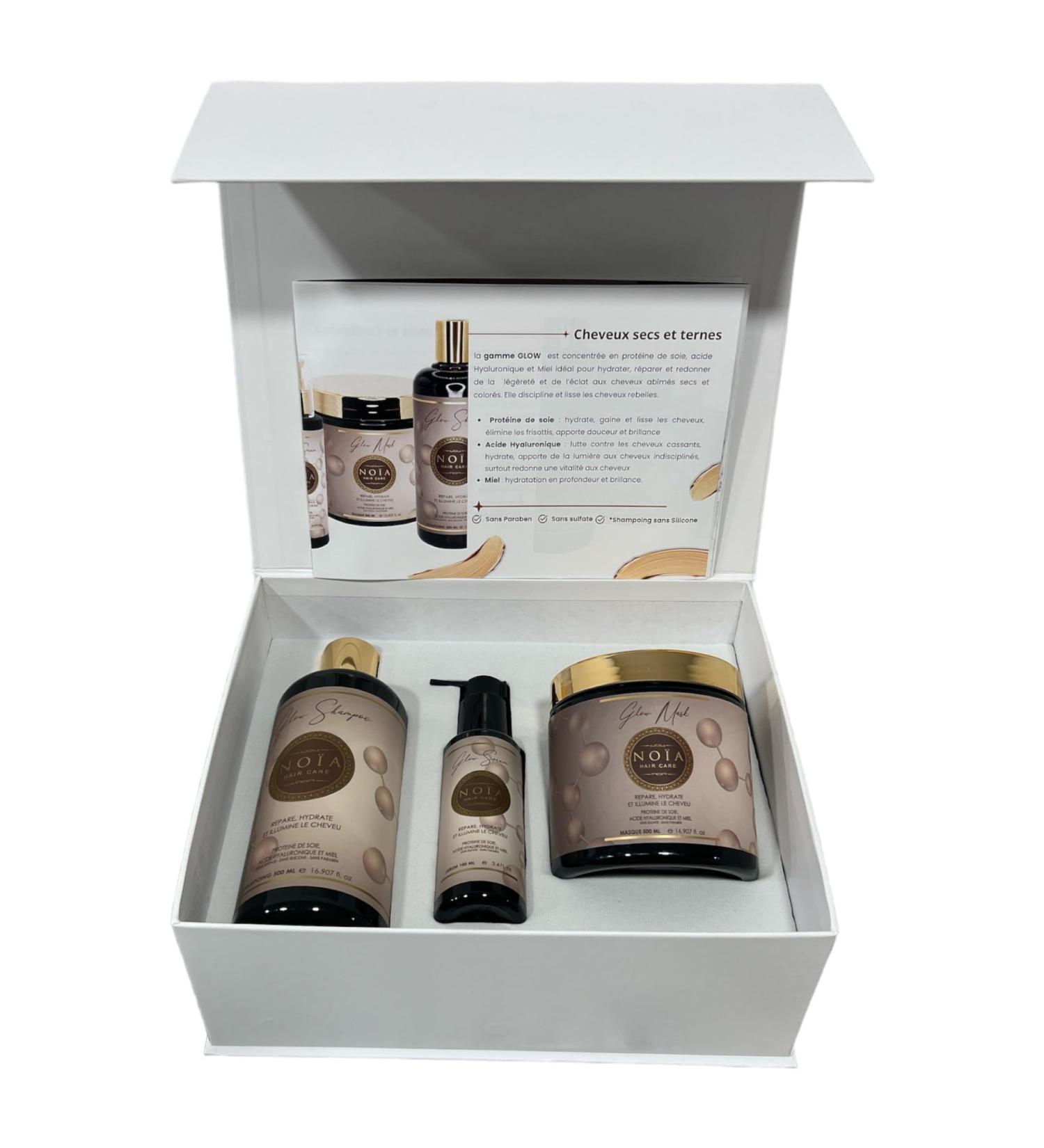 NOIA HAIR - Prestige Box - GLOW RANGE Hair Routine - Trio Pack Shampoo + Mask + Silk Protein Hyaluronic Acid & Honey Serum - Buy Online on GoSupps.com
