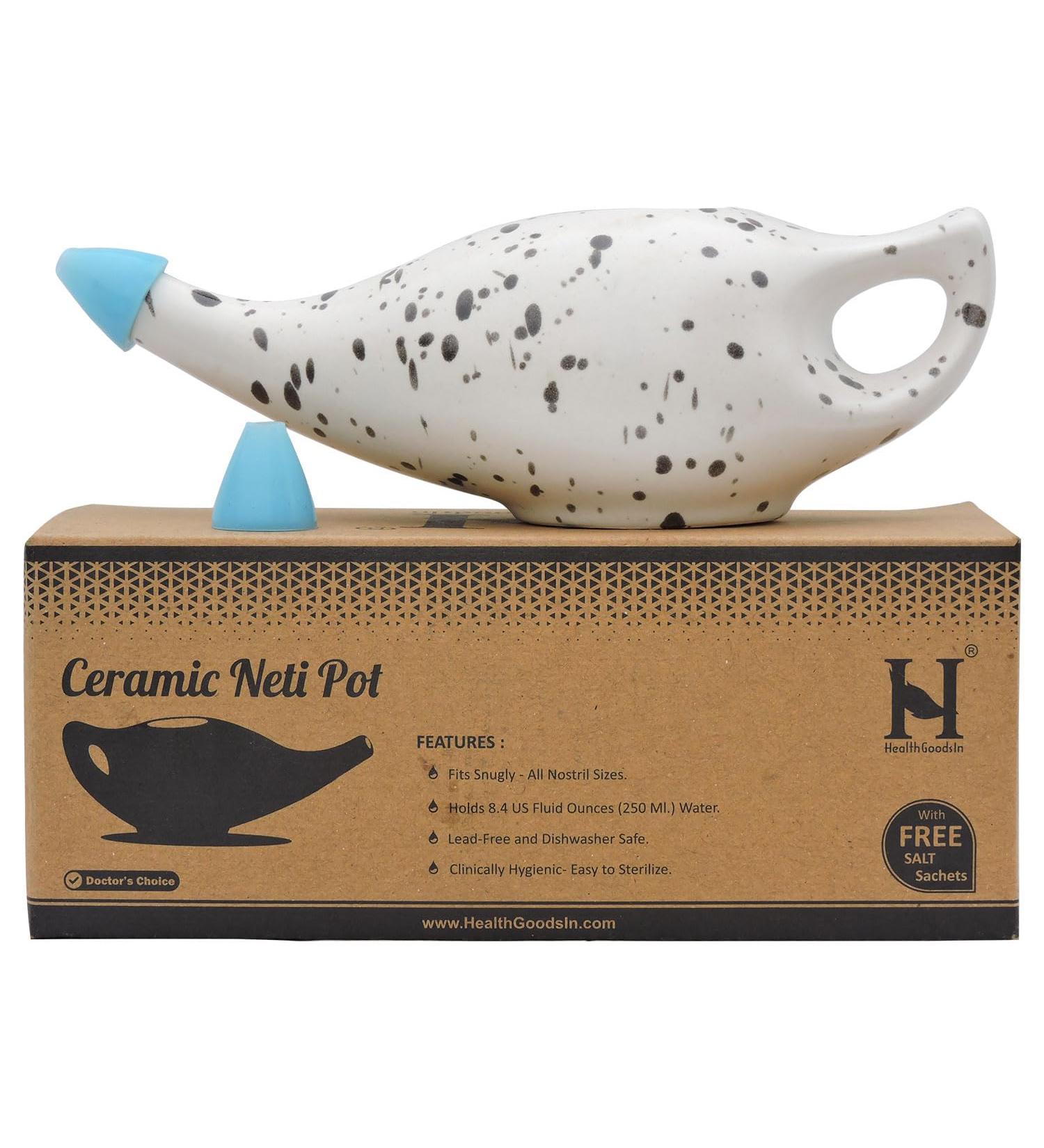 HealthGoodsIn Ceramic Neti Pot - Premium Handcrafted Dishwasher Safe 225ml Dalmatian with 2 Silicone Nozzle Tips for Optimal Nasal Care - Buy Online on GoSupps.com