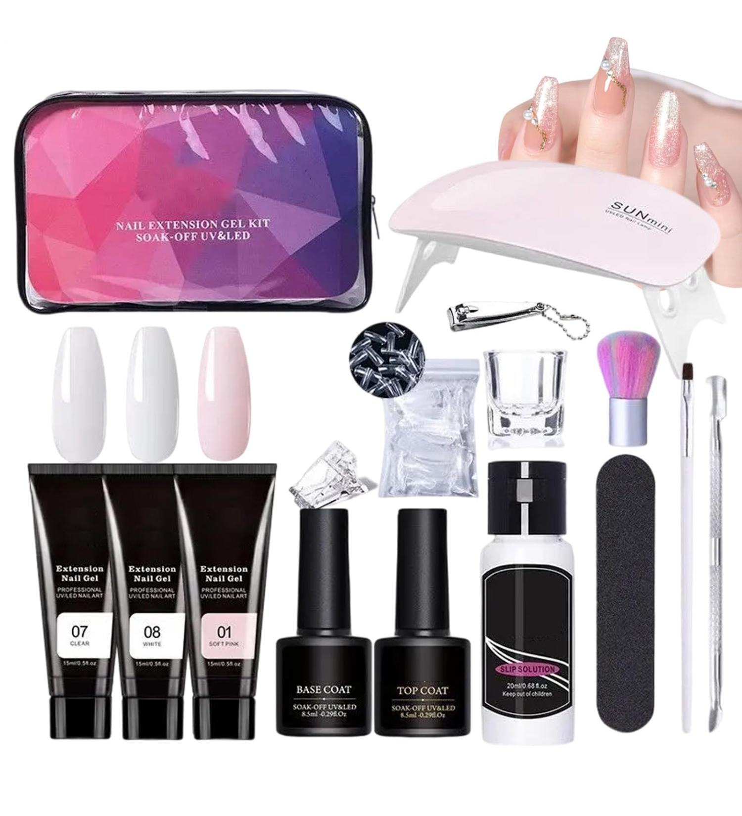 Builder nail gel kit poly extension gel kit - 3-color builder glue gel with nail lamp base and tip - Professional manicure supplies for the - Buy Online on GoSupps.com