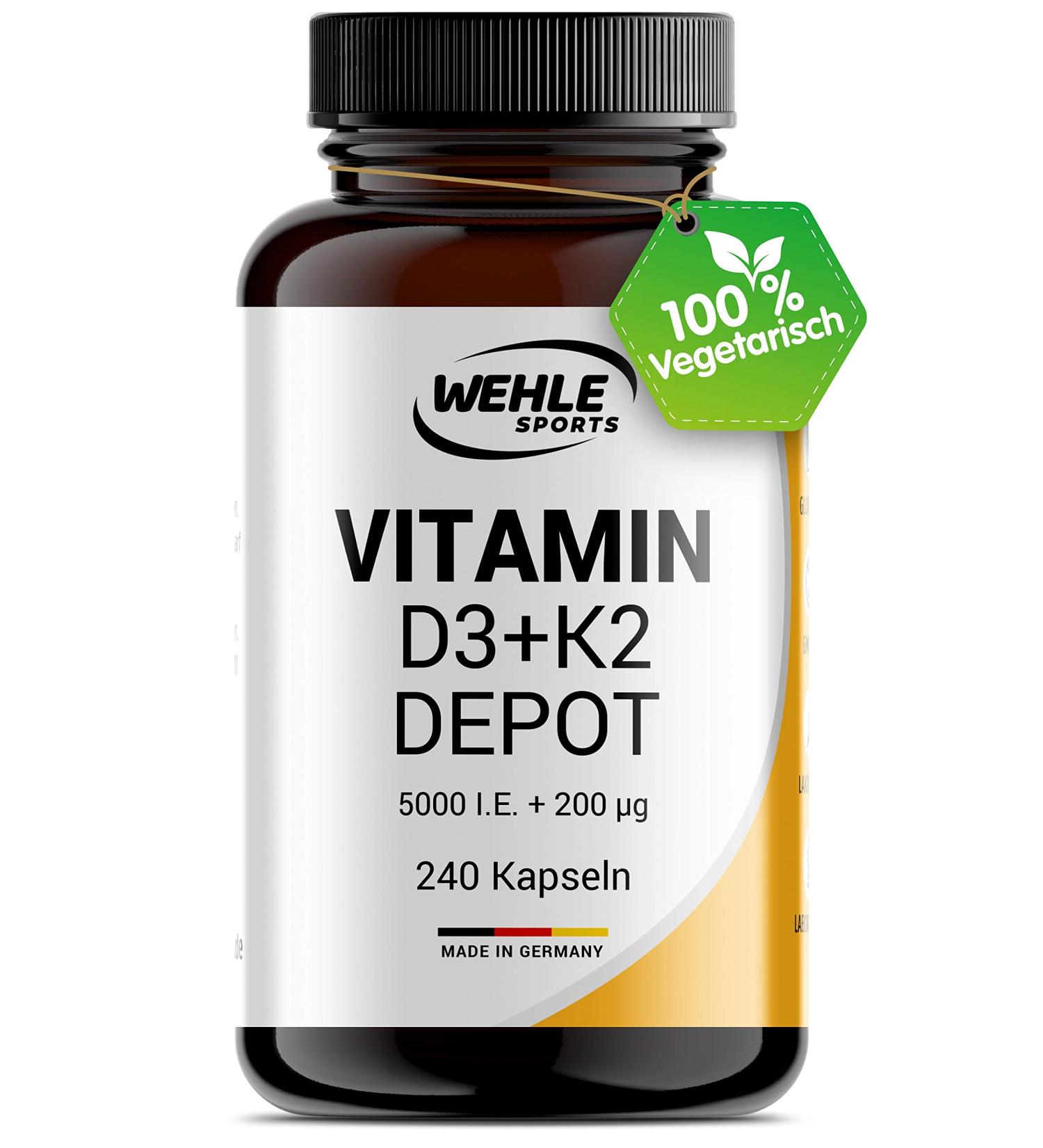 Vitamin D3 K2 Depot - 240 Capsules (5000 IU Vitamin D3 + 200 mcg K2 MK7) | Additive-Free Made in Germany - Buy Online on GoSupps.com