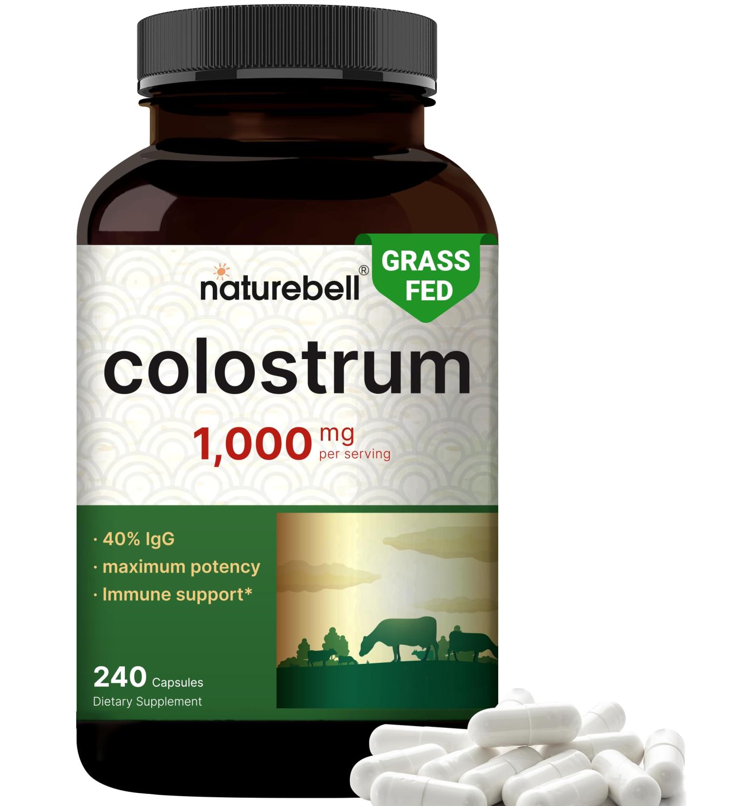 NatureBell Bovine Colostrum Supplement 1,000mg Per Serving 240 Capsules | 40% IgG Colostrum Powder for Gut Health Bloating Skin Hair & Immune Support Non-GMO - Buy Online on GoSupps.com