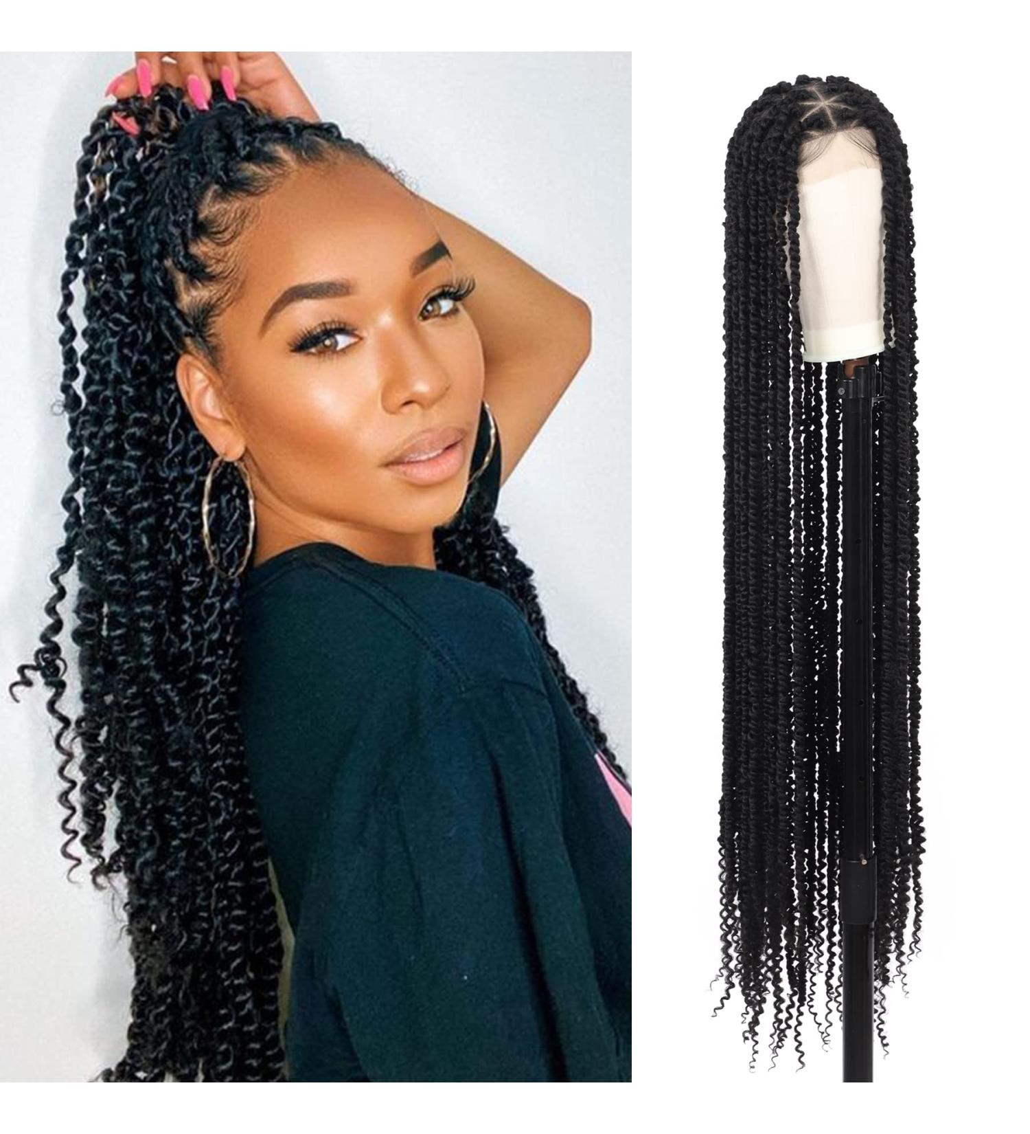 Kalyss Triangle Knotless Twist Braided Wig Full Lace Front with Baby Hair - Black-1B - Buy Online on GoSupps.com