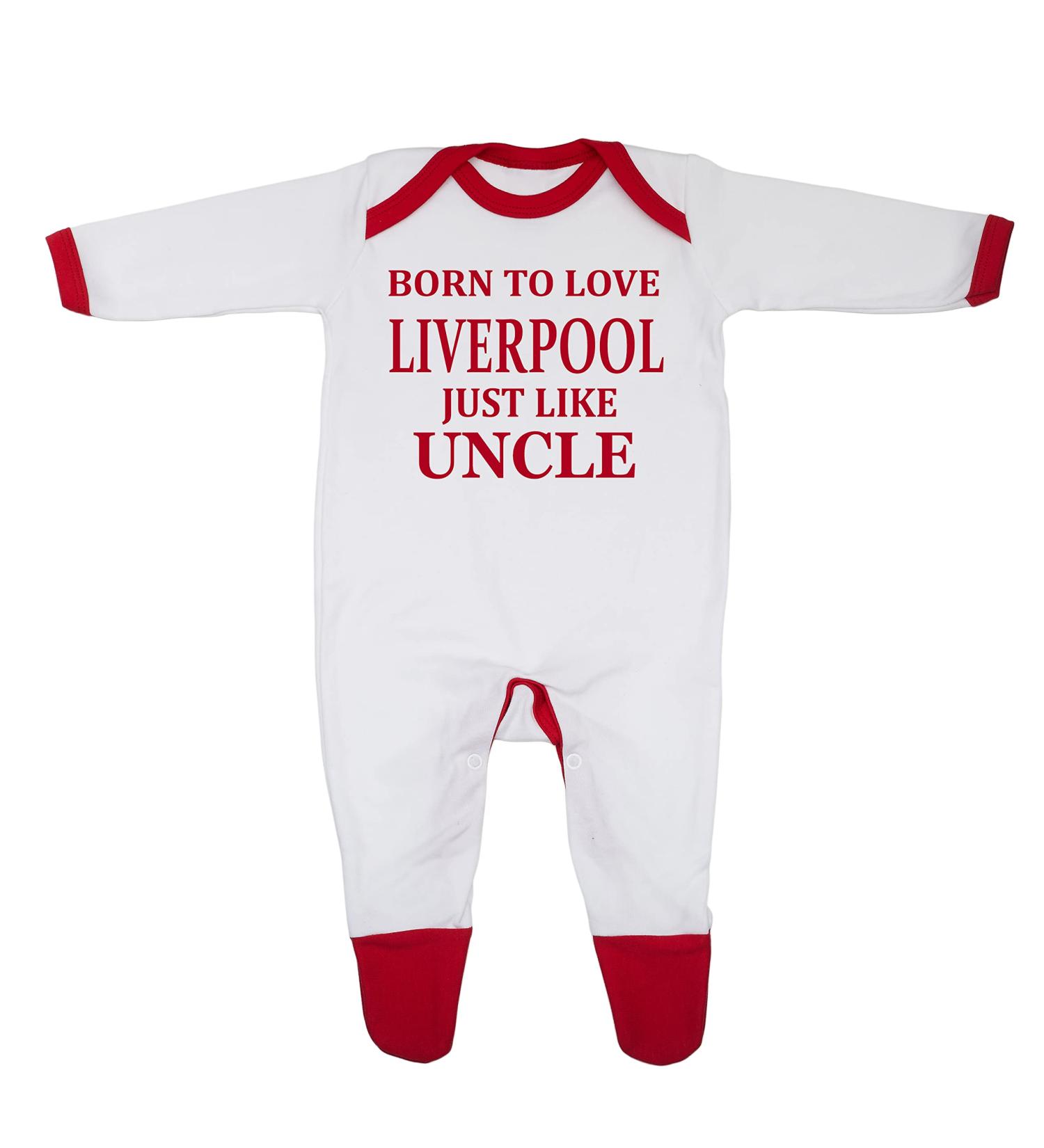 Born To Love Liverpool Just Like Uncle Baby Sleepsuit 12-18 Months | UK Designed & Printed 100% Cotton | White/Red Trim - Buy Online on GoSupps.com