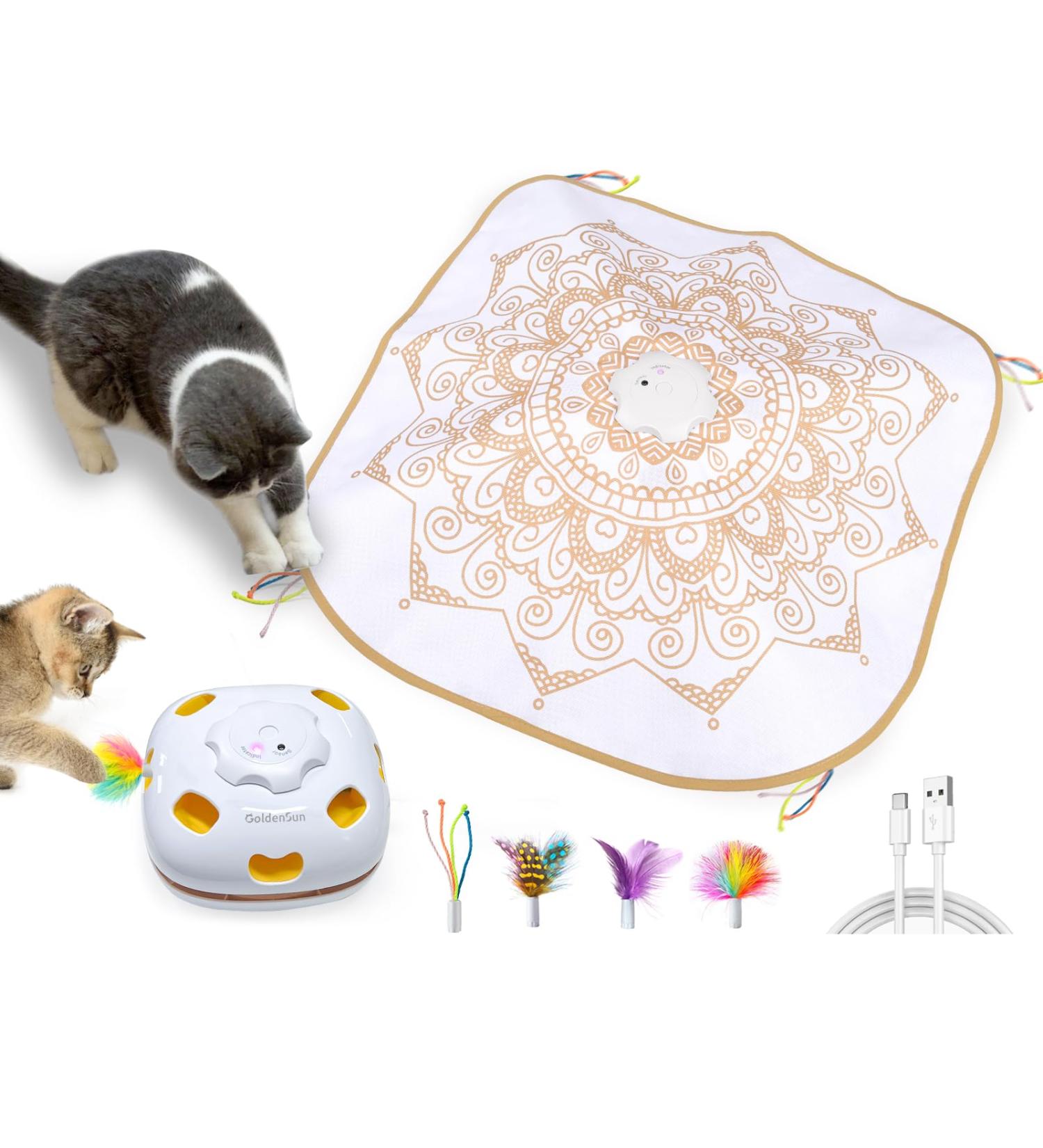 GoldenSun Cat Toy Chargeable 4-in-1 Interactive Kitten Toys for Indoor Cats Self Play Hide and Seek Cat Wand Toy Whack a Mole Exercise Cat Toys with 3Pcs DIY Replacement Feathers White Gold Passion Bohemian - Buy Online on GoSupps.com