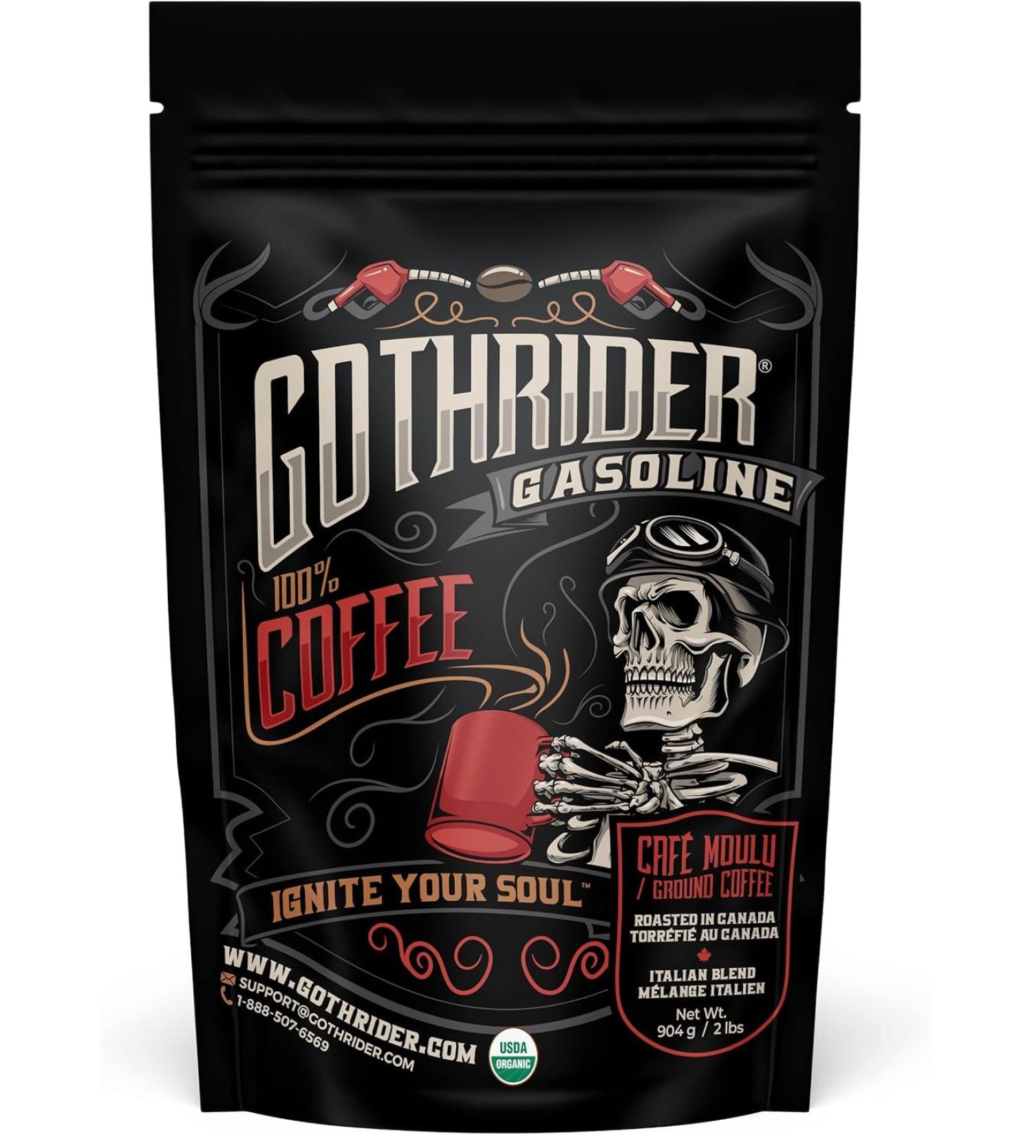GothRider Gasoline Ground Bean Coffee - USDA FairTrade and COR Certified Organic Coffee Beans Slow-Roasted Rwandese Coffee Beans Italian Blend Medium Roast Ground Bean Coffee (2 lbs) - Buy Online on GoSupps.com