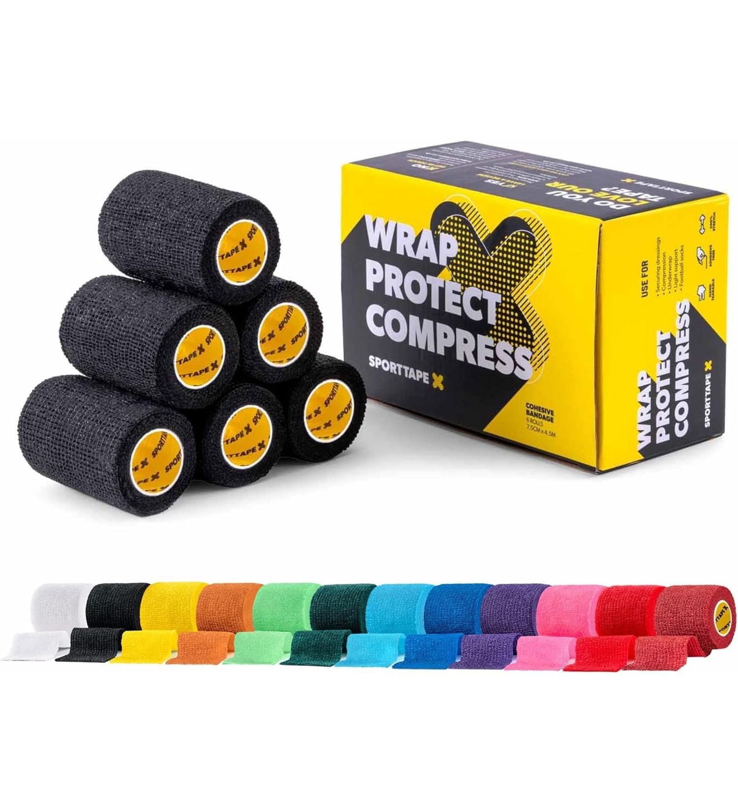 6 Rolls SPORTTAPE Self-Adhesive Football Sock Tape | 7.5cm x 4.5m - Black | Cohesive Bandage Shin Pad Tape Football Ankle Tape | Pet Bandage Vet Wrap for Dogs & Horses Compression Bandage Black 7.5x450 cm (Pack of 6) - Buy Online on GoSupps.com