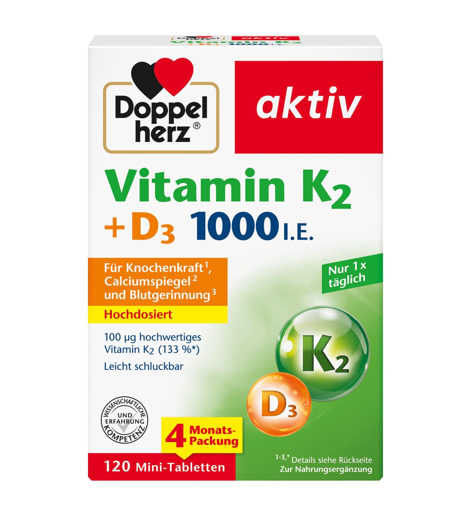 Doppelherz Vitamin K2 + D3 1000 IU - Supports Healthy Bones - 120 Mini Tablets | Buy Internationally - Buy Online on GoSupps.com