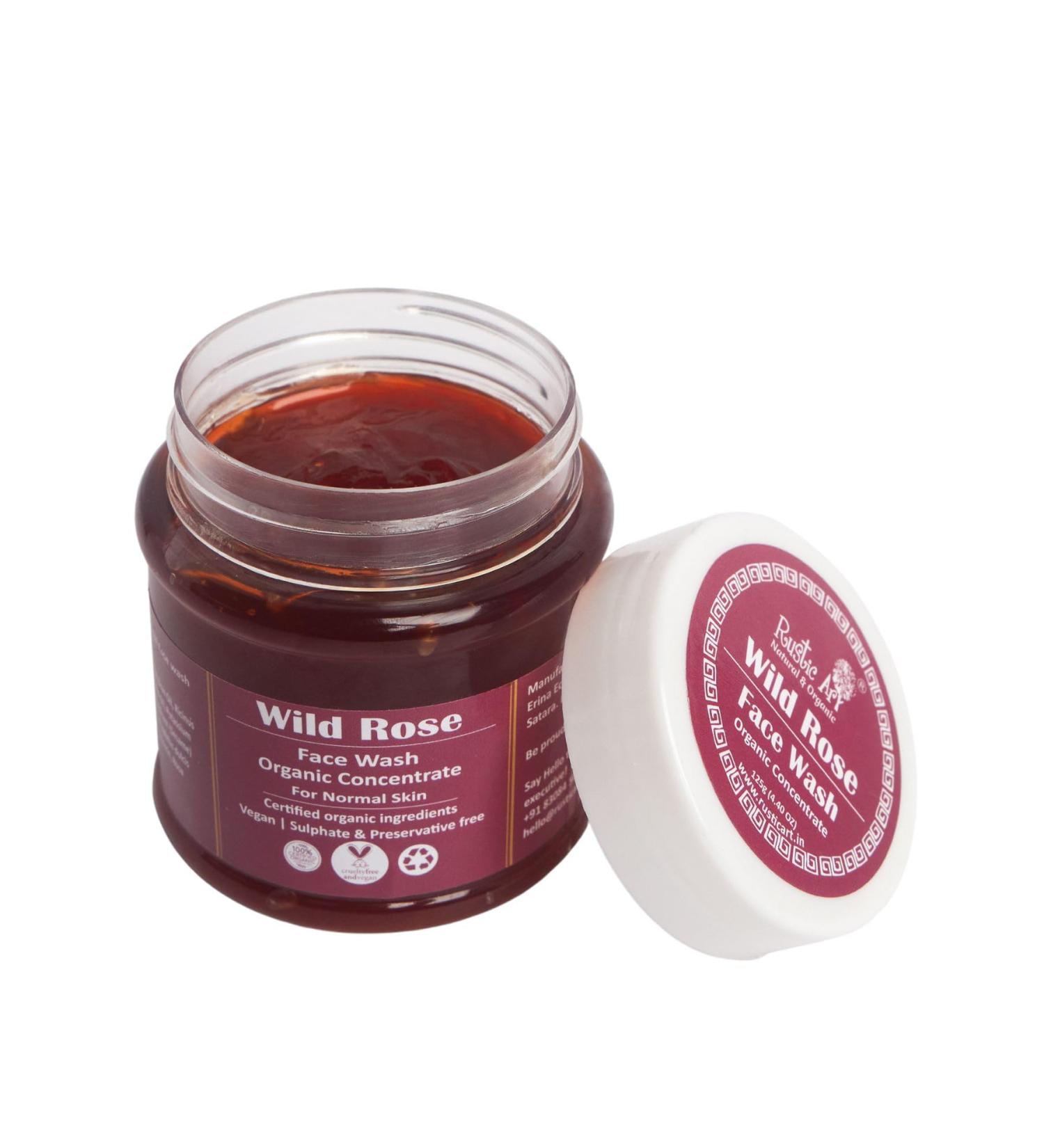 Rustic Art Organic Wild Rose Face Wash Concentrate | Hydrating Anti-Drying Formula | Natural Rose Mango Butter Almond Oil | Sulfate Paraben Free | Normal to Dry Skin | 125g - Buy Online on GoSupps.com