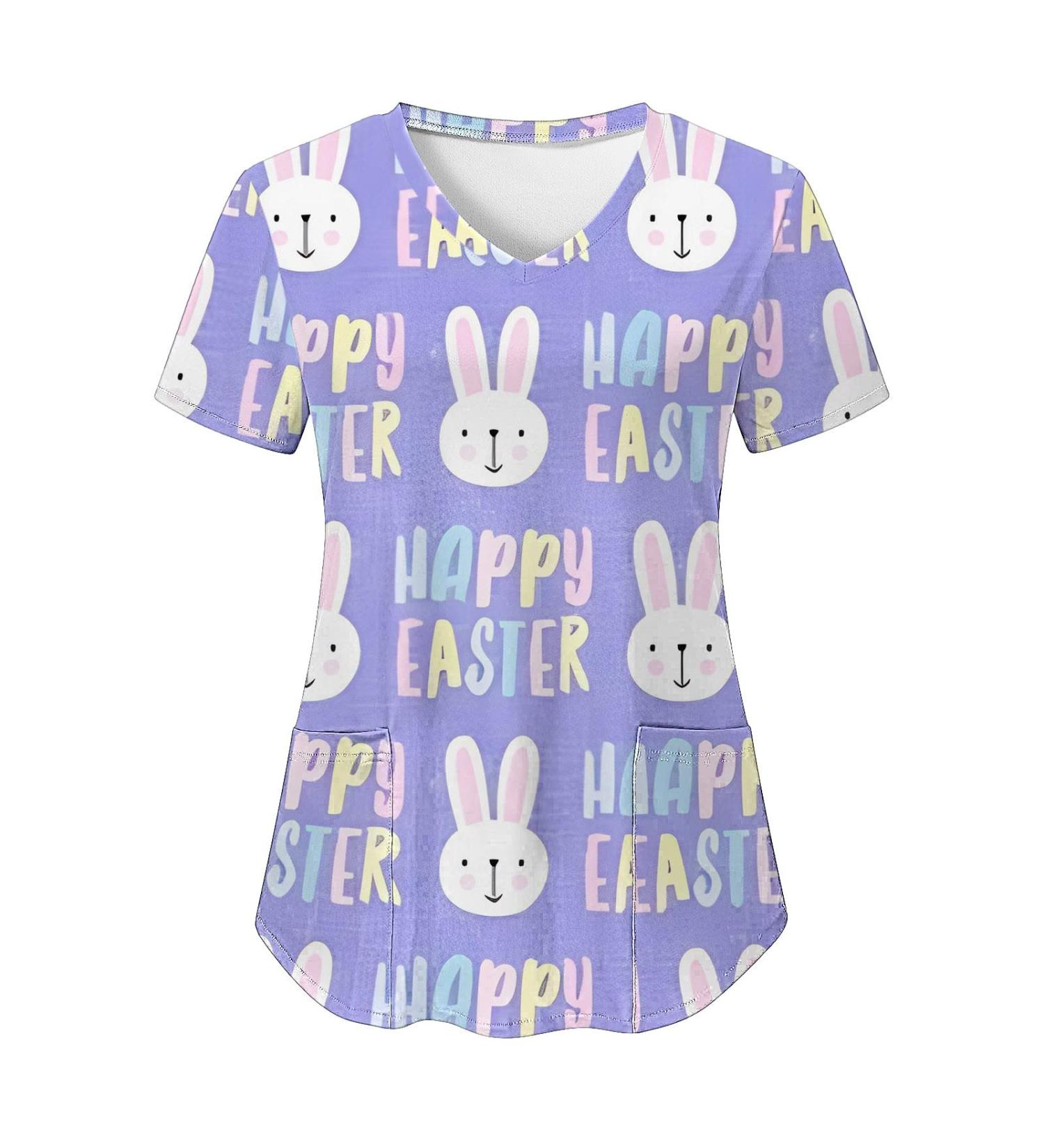 Foldap Easter Nurse Uniforms for Women: Cute Patterned Short Sleeve V-Neck Tee with Pockets | Breathable Plus Size Shirts - Large, C1-purple - Buy Online on GoSupps.com