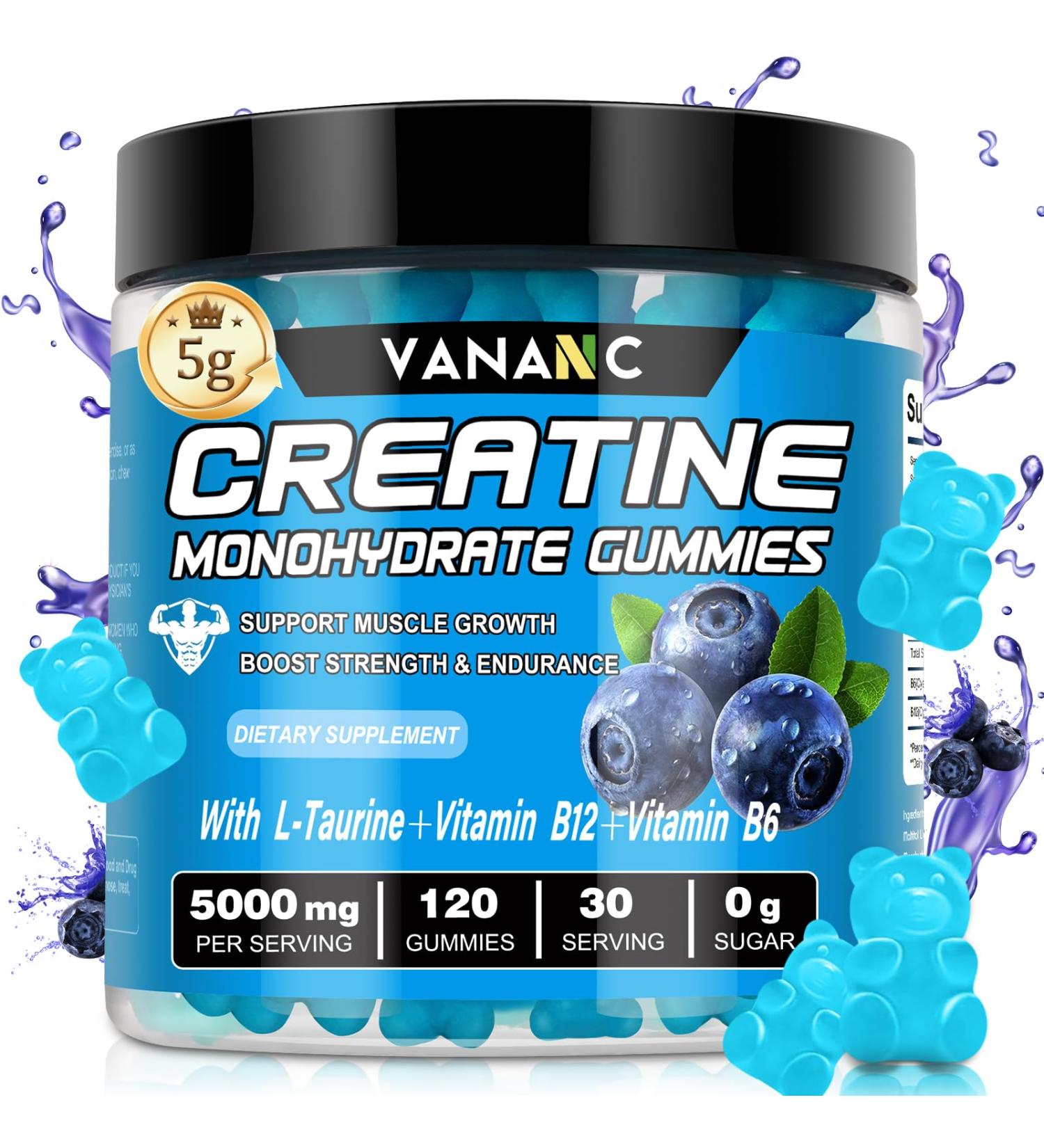 Creatine Monohydrate Gummies 5g for Men & Women,120 Sugar-Free Chews Pre Workout Creatine Supplement with L-Taurine & Vitamins for Muscle Strength, Boost Energy & Endurance-Blueberry Flavor - Buy Online on GoSupps.com