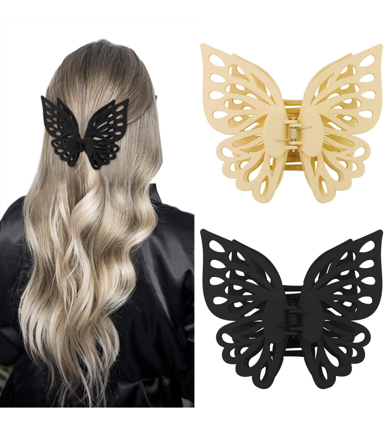 YISSION 2PCS Big Butterfly Hair Clips for Women - Cute Large Hair Claw Clips for Thin & Thick Hair - Beige & Black Hair Accessories - Buy Online on GoSupps.com