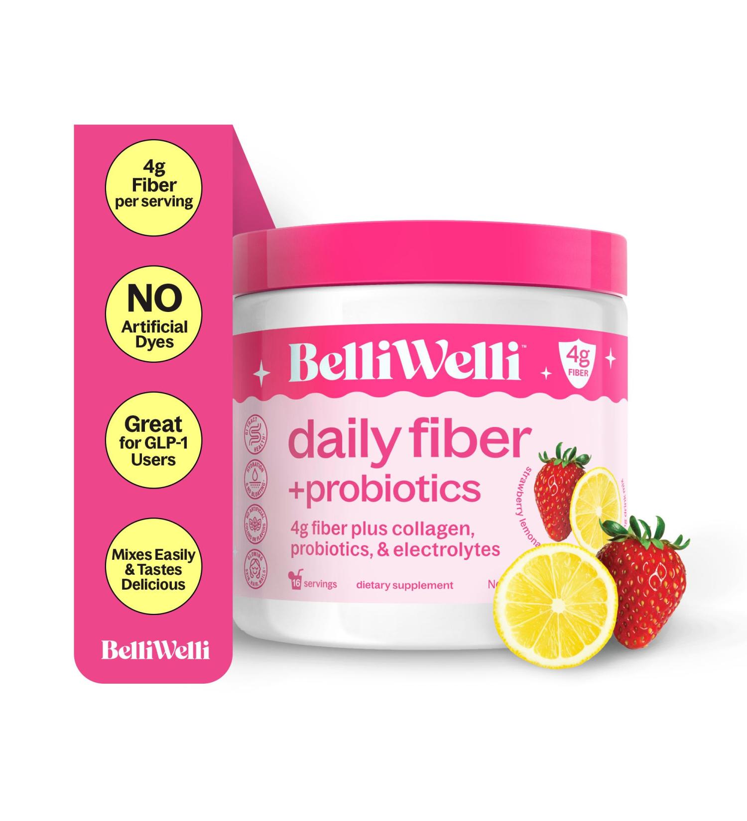 Belli Welli Fiber Supplement for Women&Men Premium Daily Fiber Powder from Organic Acacia with Added Collagen Electrolytes&Probiotics No Bloat Constipation&Gut Health Support (Strawberry Lemonade) - Buy Online on GoSupps.com