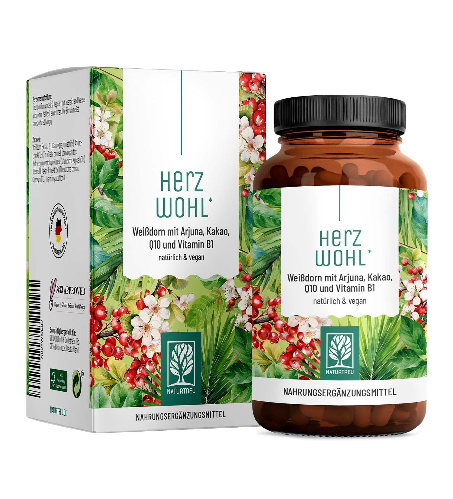 NaturTreu Herzwohl - Holistic Heart Complex with Hawthorn Arjuna & Coenzyme Q10 | Natural Venous Support Capsules - Buy Online on GoSupps.com