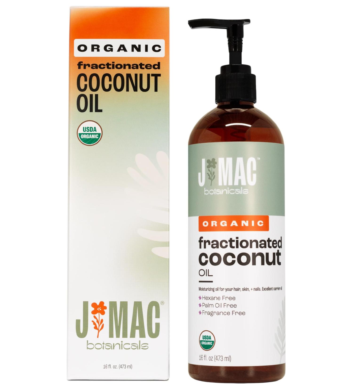 J Mac Botanicals Organic Fractionated Coconut Oil (16 oz. with a Pump) Carrier Oil for diluting Essential Oils Leave in Conditioner for Dry Damaged Hair Skin Massage - Buy Online on GoSupps.com