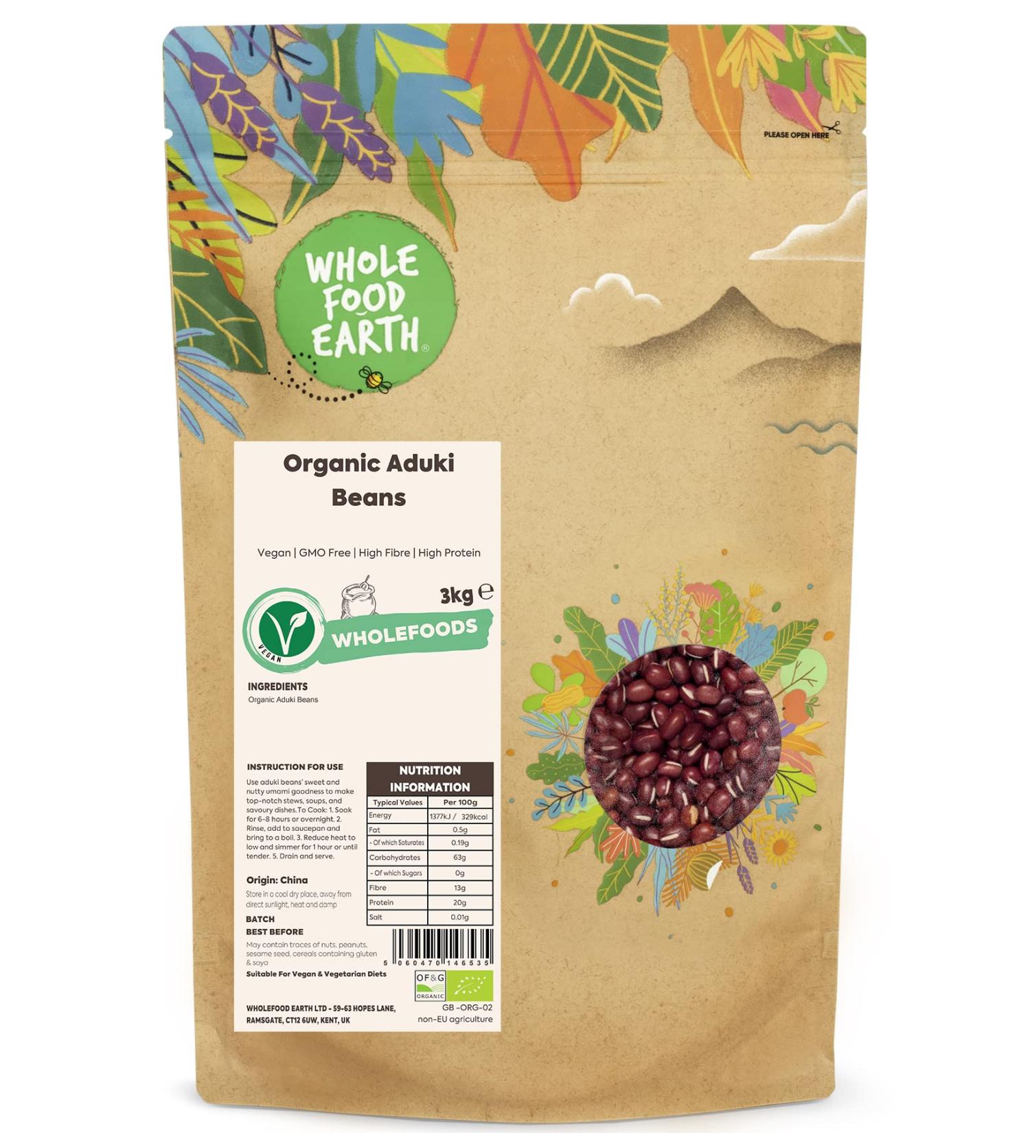 Wholefood Earth Organic Aduki Beans 3kg Vegan | GMO Free | High Fibre | High Protein | Certified Organic - Buy Online on GoSupps.com