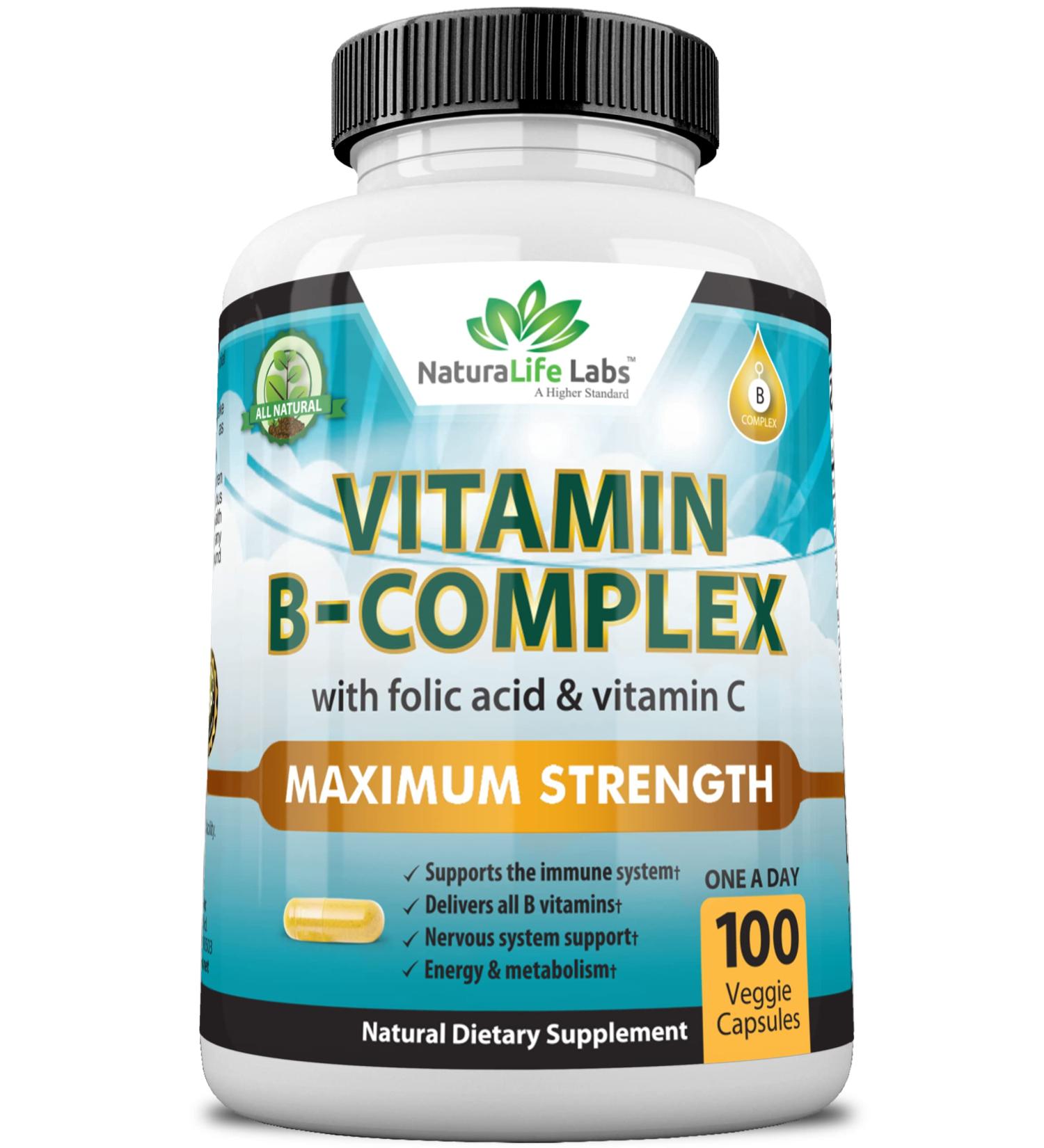 Vitamin B Complex with Vitamin C, Folic Acid - Nervous System Support, Energy Metabolism - 100 Veggie Capsules - Buy Online on GoSupps.com