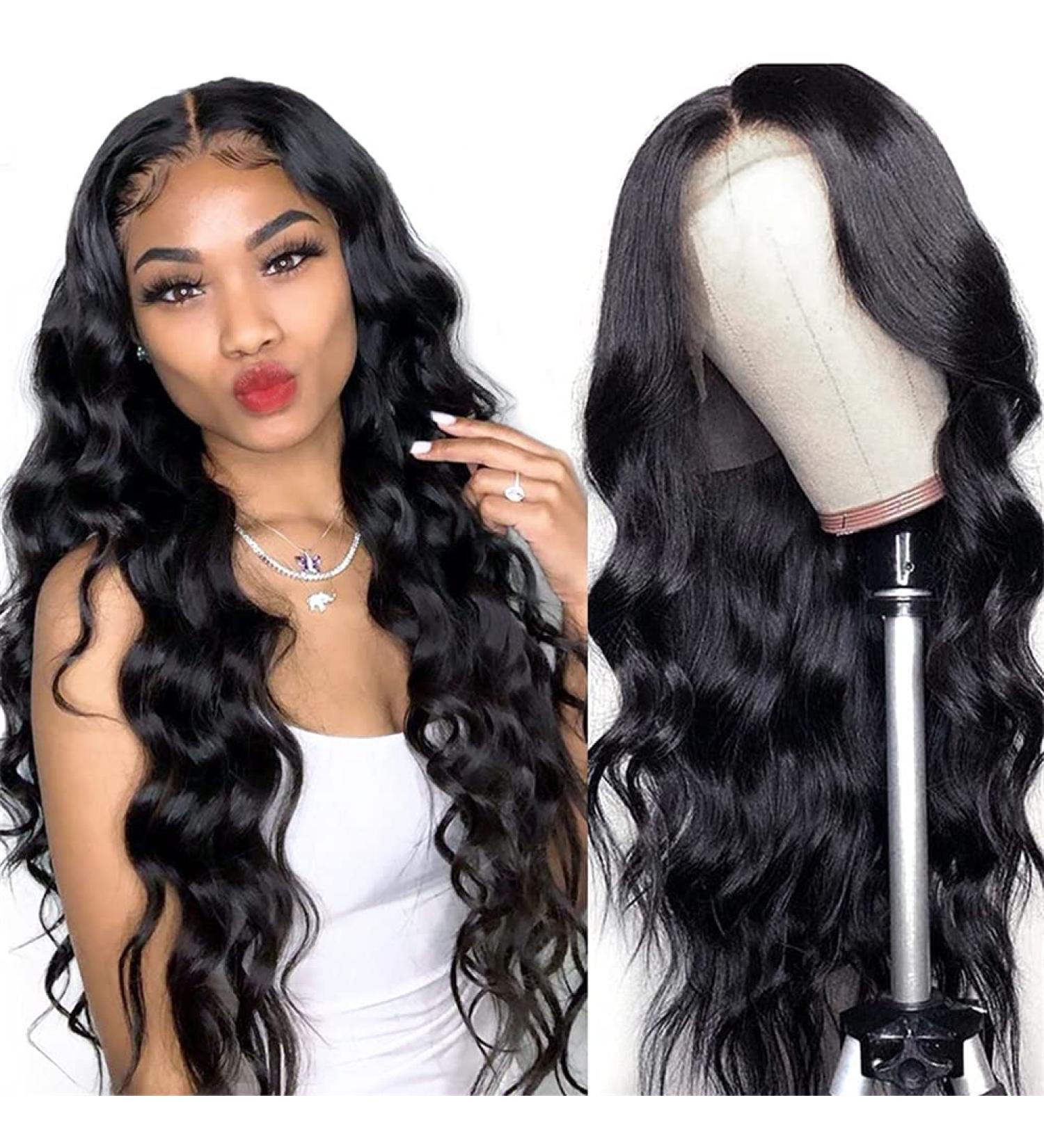 Lace Frontal Human Hair Wig 32 Inch Body Wave - 150% Density Brazilian Virgin Hair with Baby Hair - Pre Plucked for Black Women - Natural Black Color - Buy Online on GoSupps.com