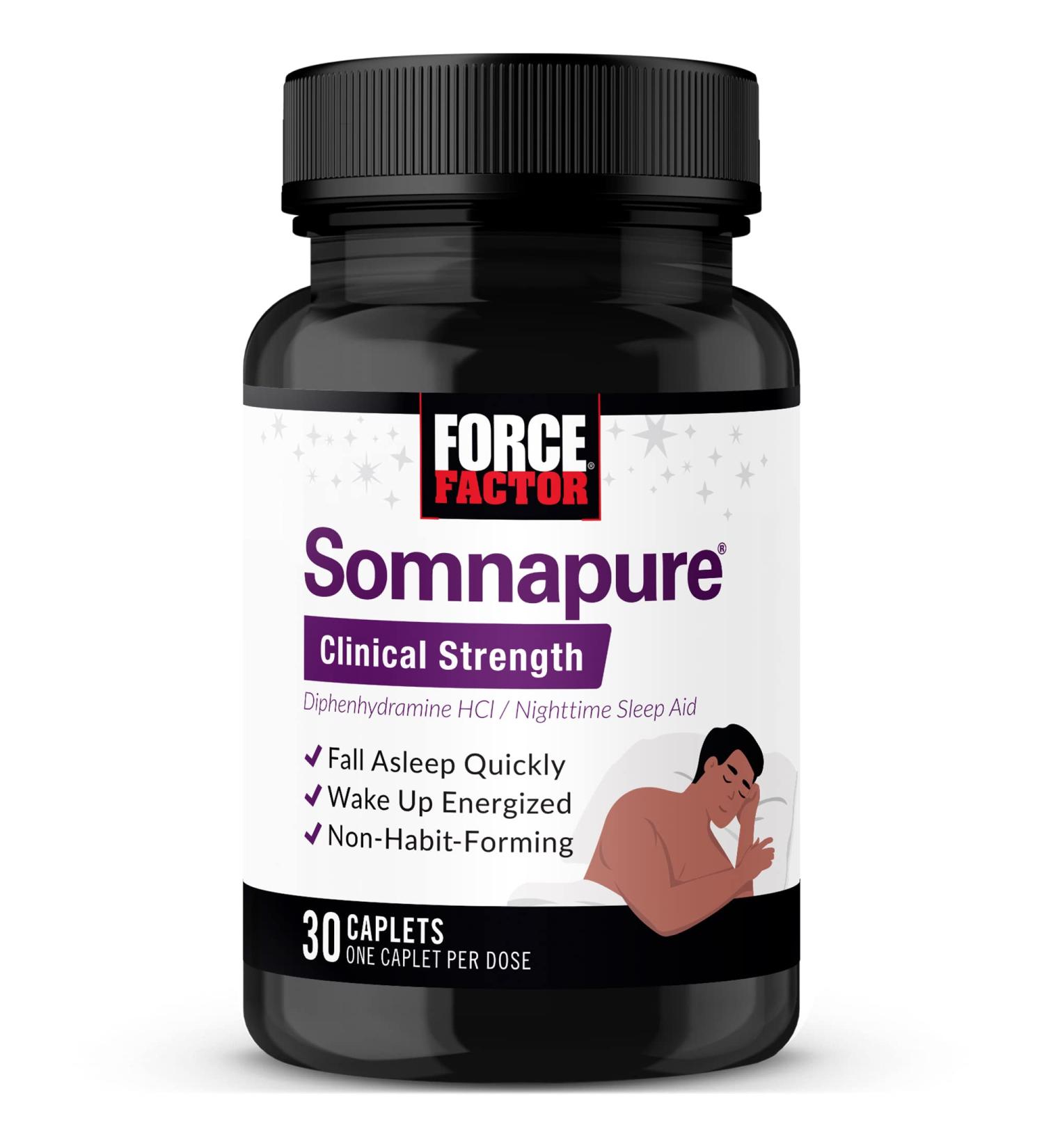 Somnapure Clinical Strength Sleep Aid with Diphenhydramine HCl | Non-Habit-Forming Nighttime Support | 30 Caplets, 30 Count | Force Factor - Buy Online on GoSupps.com