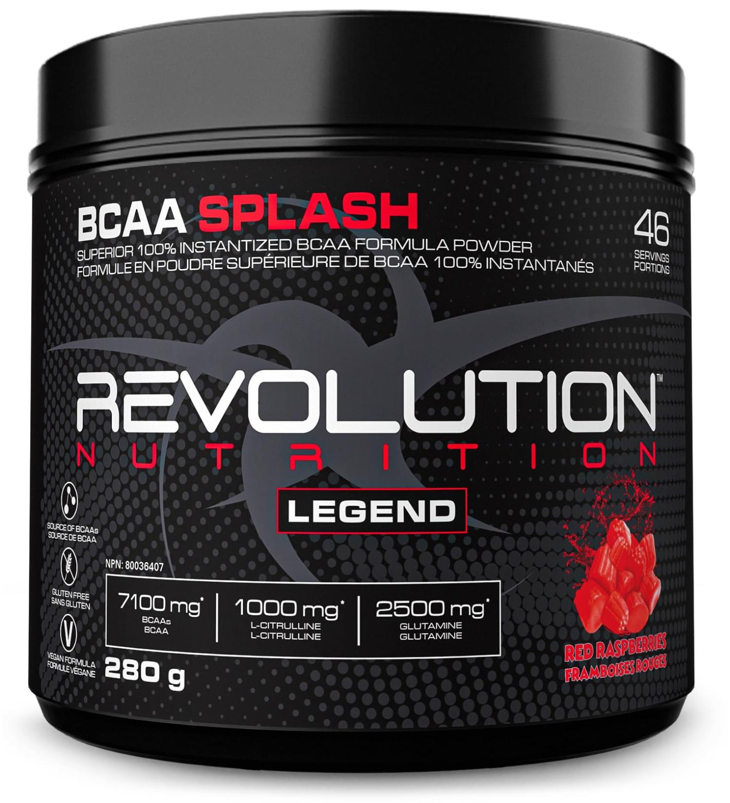 Revolution Nutrition BCAA Splash BCAA Powder Vegan Formula Zero Calorie Lactose Free Muscle Recovery Post Workout 7100 Mg of Branched Chained Amino Acid 1000 mg Citrulline Malate 280 G 46 Servings (Red Raspberry 0.62 Pound) Red Raspberry 0.62 Pound - Buy Online on GoSupps.com