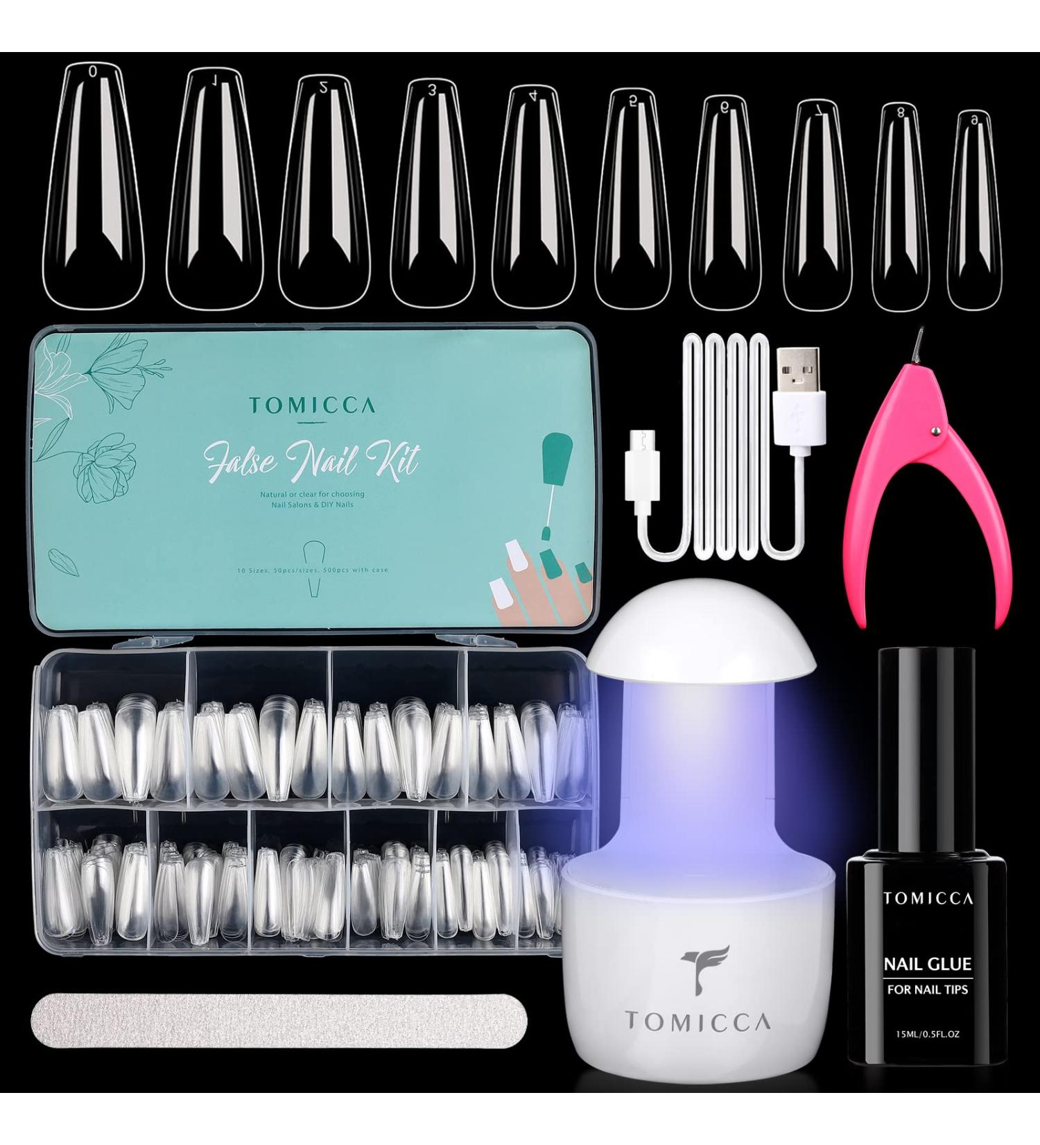 TOMICCA Nail Tips and Glue Gel Kit - 4 In 1 Nail Extension Set with LED Lamp and 500Pcs Coffin Nails - Acrylic Starter Kit for Easy DIY Nail Art - Medium Coffin Shape - Gift Set - Buy Online on GoSupps.com