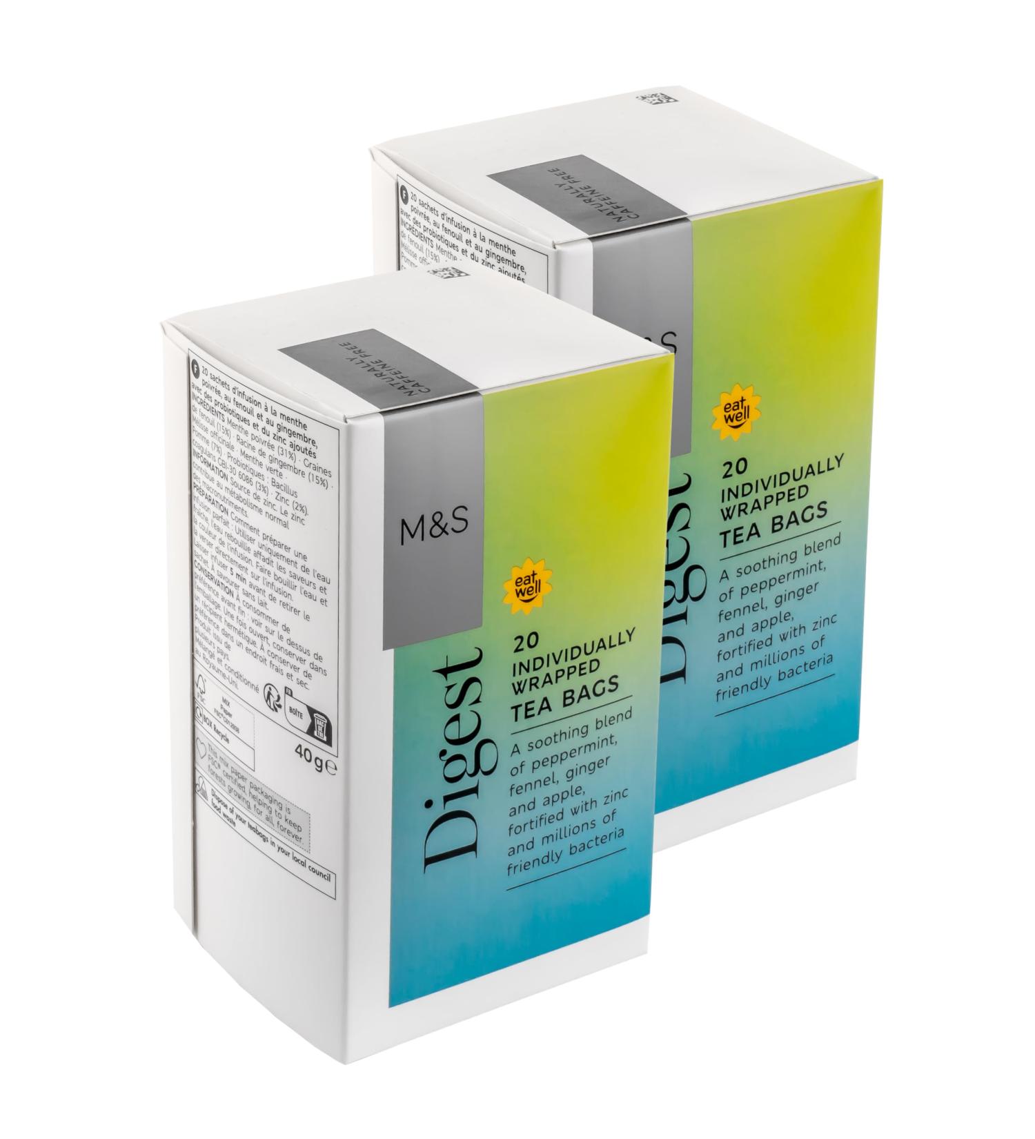 Generic M&S Digest Peppermint Fennel Ginger Apple Zinc Herbal Teabags with Added Live Bacteria Cultures Vegan 40 Bags (2 x 20pk)