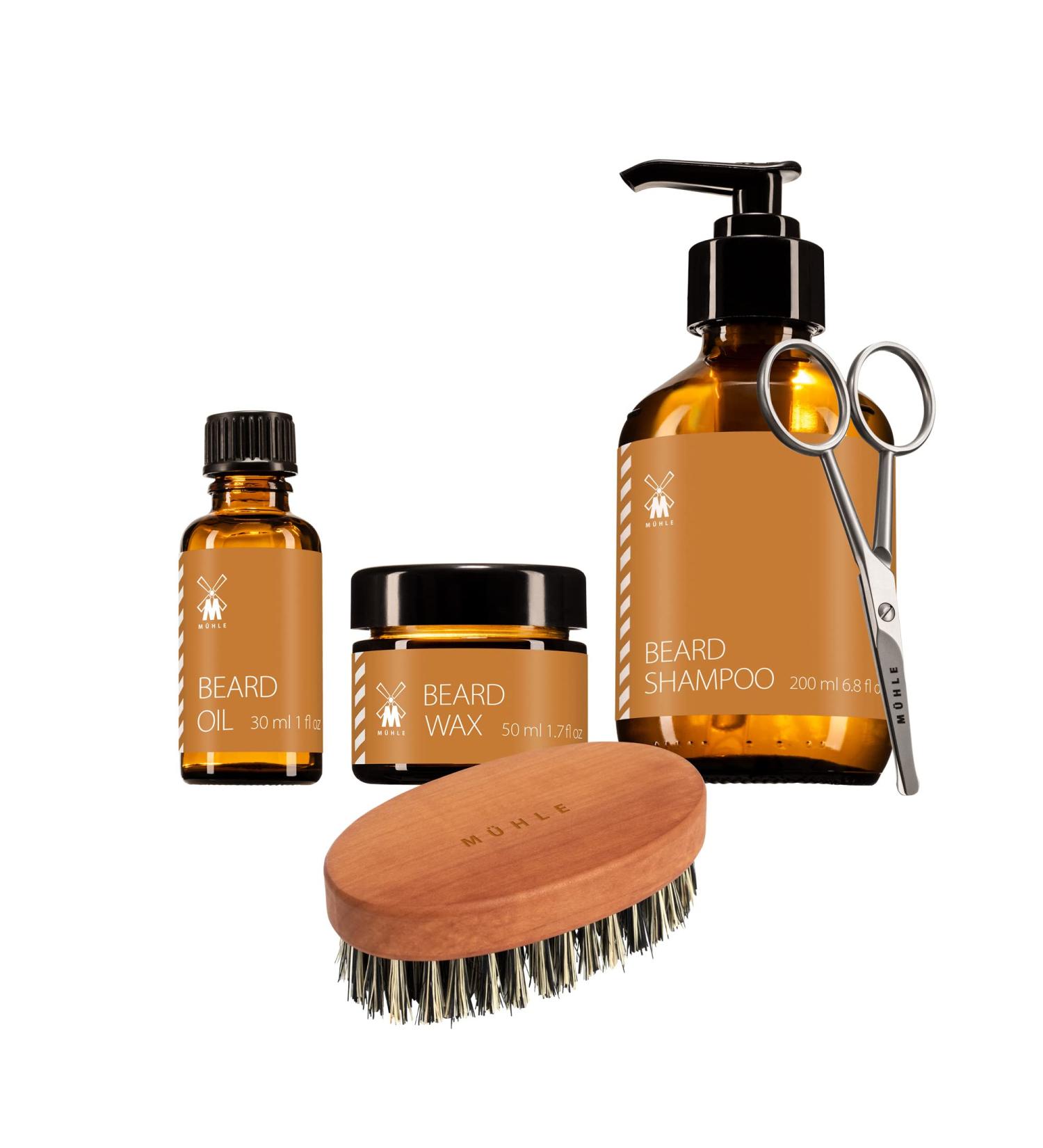 M HLE Beard Care Bundle - 5-piece set with shampoo care oil wax beard brush and ergonomic stainless steel scissors