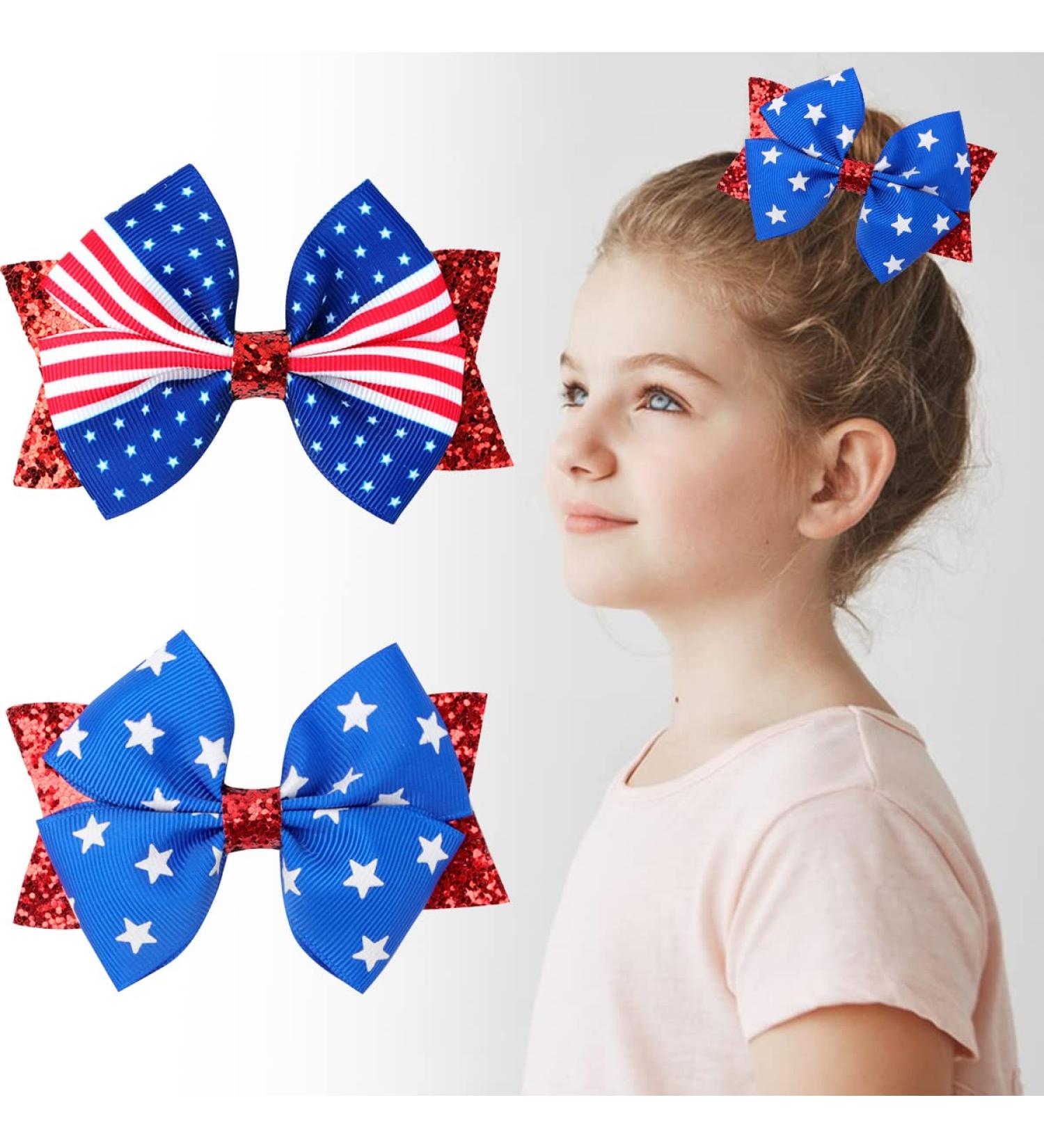 Independence Day Glitter Hair Clips 2pcs for Girls & Women - Stars and Stripes Hair Bows for Fourth of July & Memorial Day - Buy Online on GoSupps.com