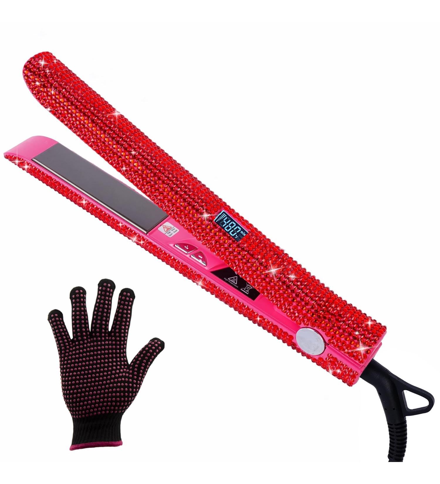 Rhinestone Flat Iron Hair Straightener - 480 F High Temp Titanium 2-in-1 Curling & Straightening Tool for Women - Dual Voltage Fast Heat Up Professional Salon Quality - Buy Online on GoSupps.com