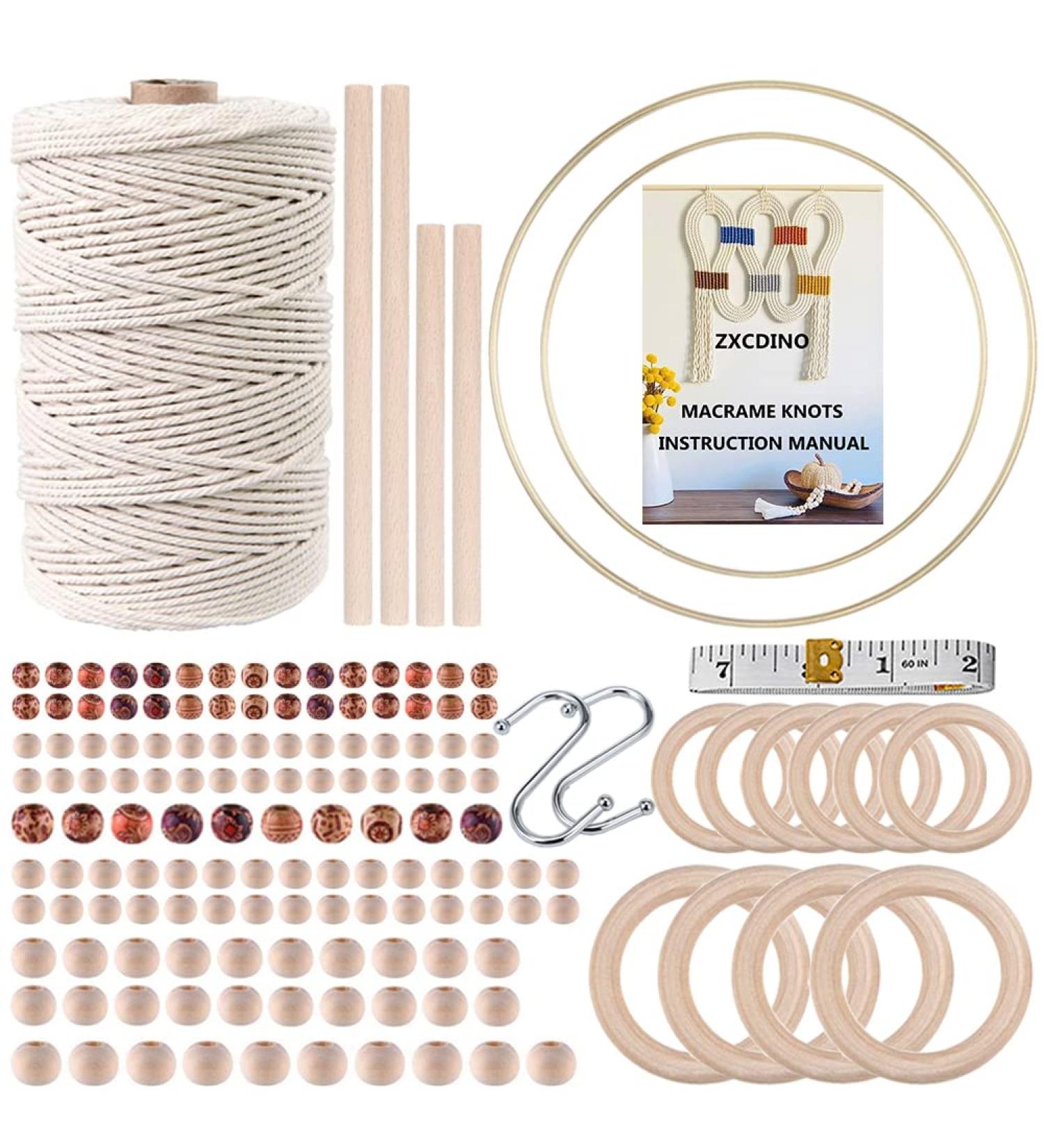 152pcs Macrame Kit for Beginners - 3mm x 220yards Natural Cotton Cord with Supplies for Macrame Plant Hanger - Wooden Beads, Rings, Sticks, Metal Rings - Buy Online on GoSupps.com