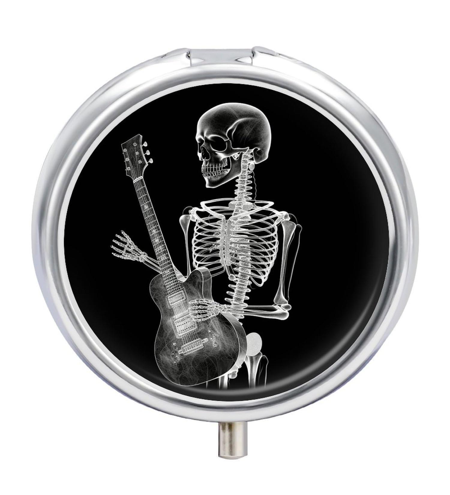 Abstract X-ray Skull Guitar Round Pill Box | 3 Compartment Metal Organizer | Portable Decorative Pill Case - Buy Online on GoSupps.com
