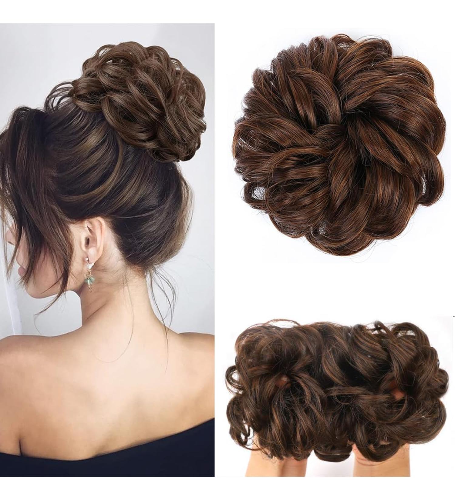 Messy Bun Hair Extensions with Rubber Band - Large Curled Synthetic Hair Parts (4/30# - Dark Brown & Light Auburn Mix) - Buy Online on GoSupps.com