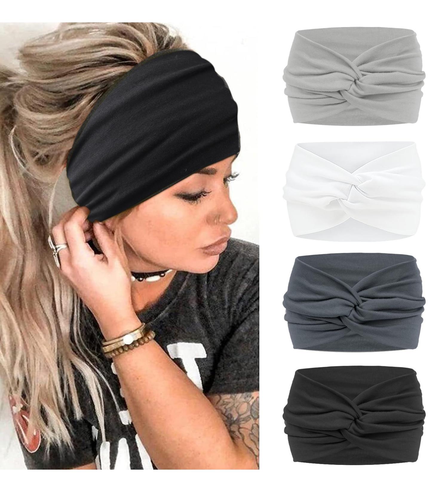 Bloom's Wide Anti-Slip Hair Band Headbands for Women - 4 Pcs Soft Elastic Sports & Yoga Accessories - White - Buy Online on GoSupps.com