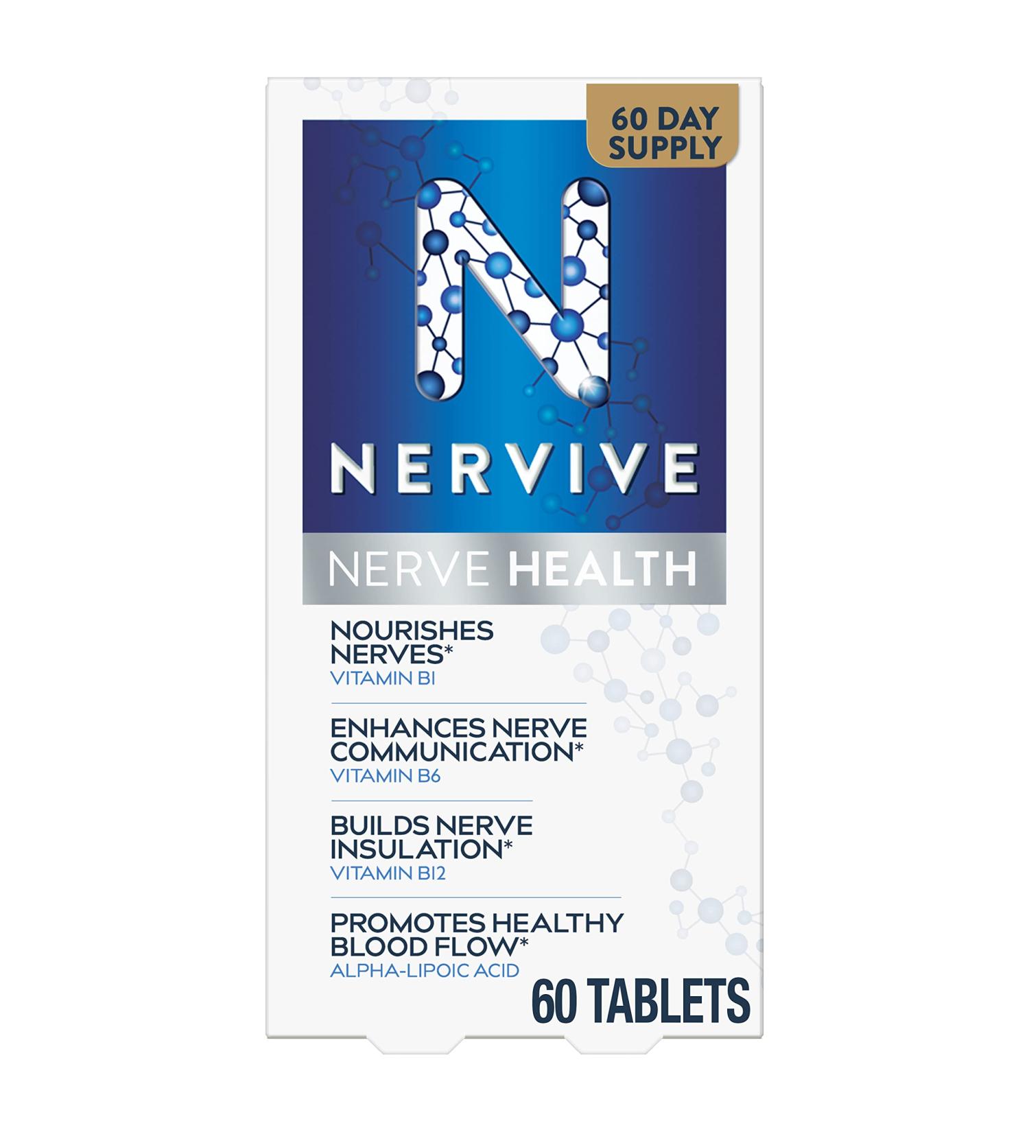 Nervive Nerve Health with Alpha Lipoic Acid - Supports Healthy Nerve Function in Fingers, Hands, Toes & Feet - 60 Daily Tablets with ALA, Vitamins B12, B6 & B1 - Buy Online on GoSupps.com
