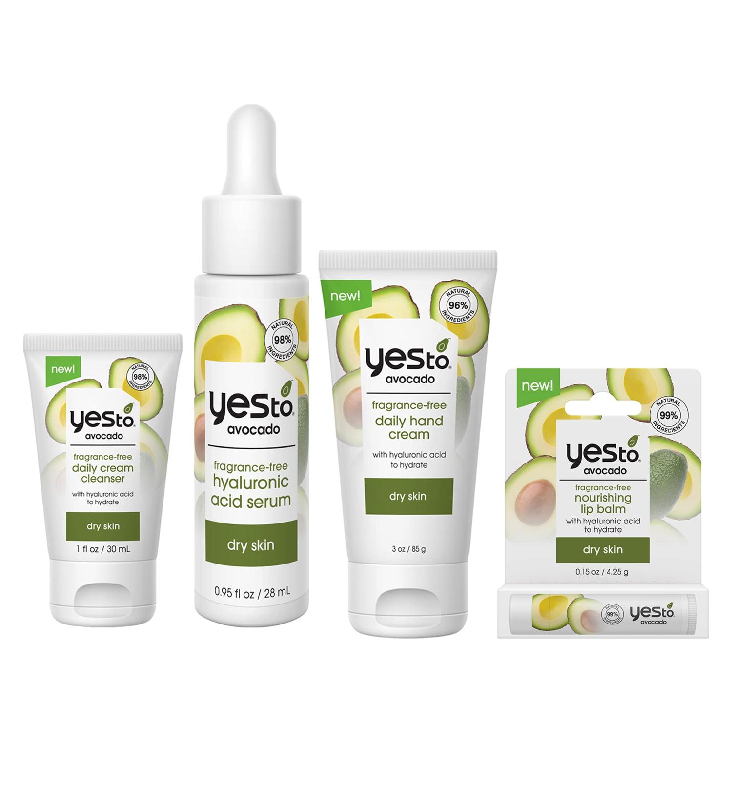 Yes To Avocado Fragrance-Free Skincare Set | Daily Cleanser Hyaluronic Acid Serum Hand Cream & Lip Balm - Shop Internationally - Buy Online on GoSupps.com