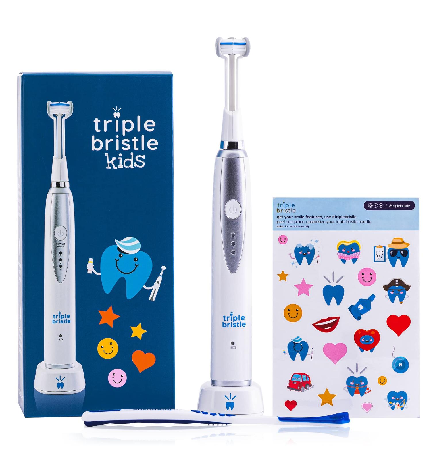 Triple Bristle Kids Sonic Toothbrush - 3 Sided Rechargeable Toothbrush | Dentist Approved | Fun Stickers & Rewards | Best for Kids' Dental Care - Buy Online on GoSupps.com