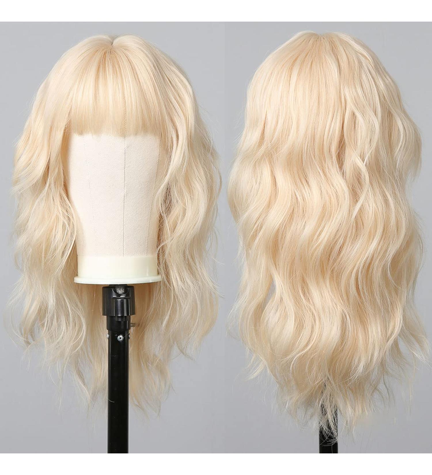 Allbell Long Wavy Blonde Wig for Women with Bangs - Heat Resistant Synthetic Hair Replacement - Buy Online on GoSupps.com