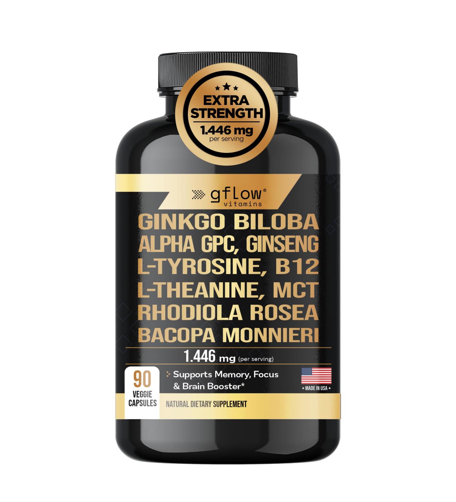 gflow vitamins Ginkgo Biloba Alpha GPC Supplement with Panax Ginseng L Tyrosine with L Theanine Bacopa monnieri Rhodiola Rosea Phosphatidylserine B12 MCT DMAE - Complex | Made in USA - Buy Online on GoSupps.com