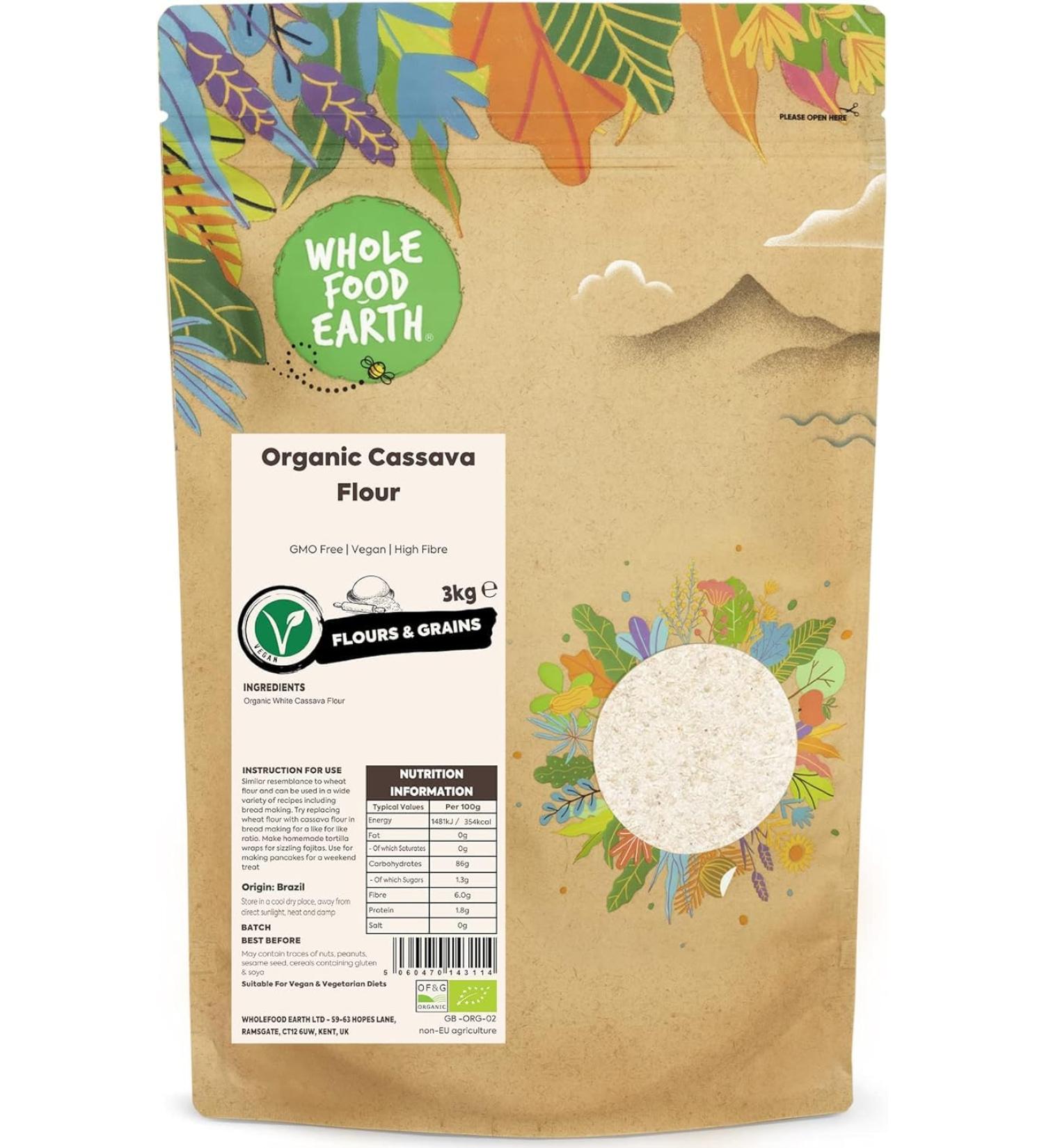 Organic Cassava Flour 3kg | GMO Free | Vegan | High Fibre | Certified Organic - Wholefood Earth - Buy Online on GoSupps.com