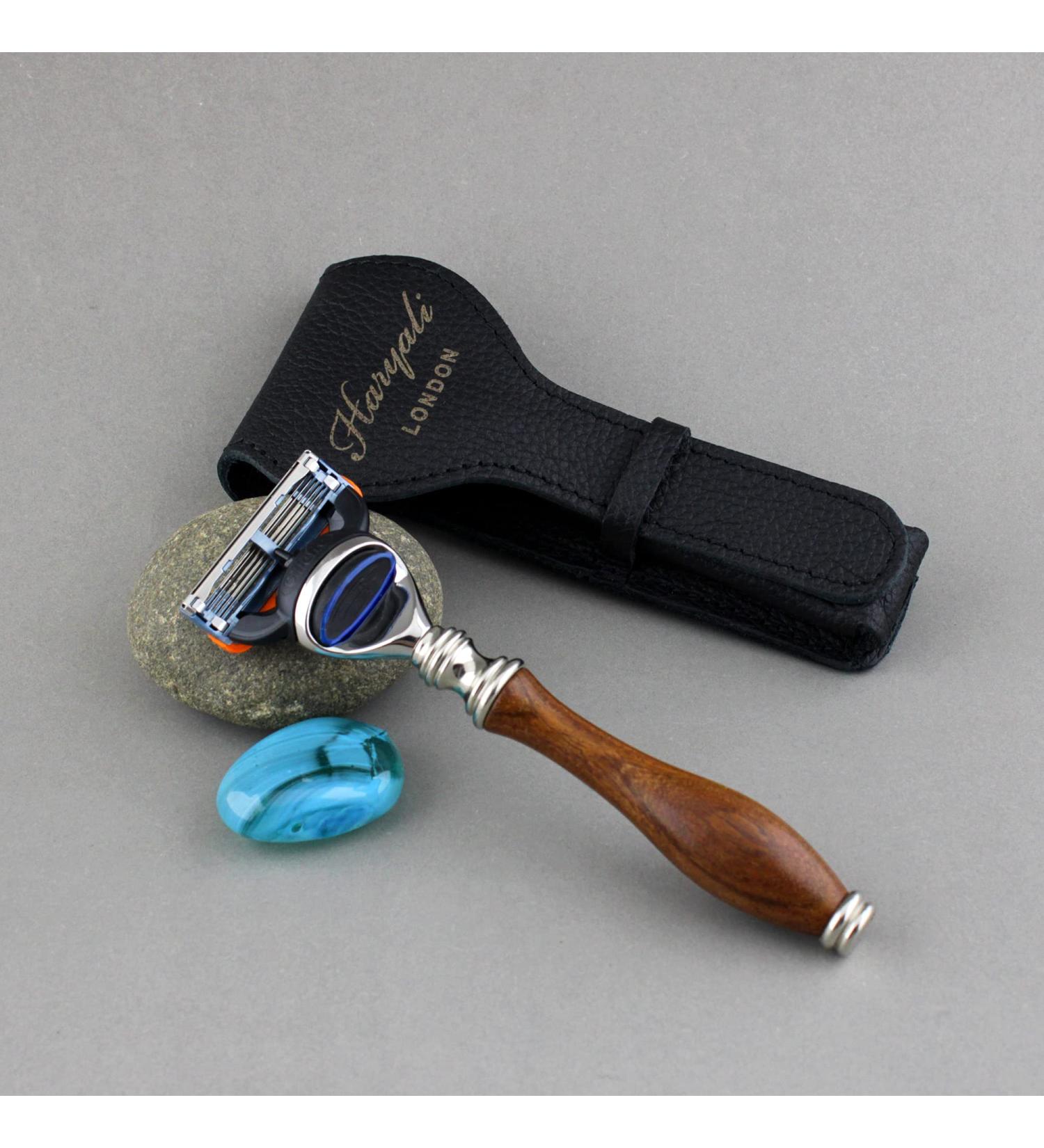 Premium Wooden Men's Razor with 5 Blades & Leather Bag - Ideal for Wet Shaving & Perfect Gift for Men - Buy Online on GoSupps.com
