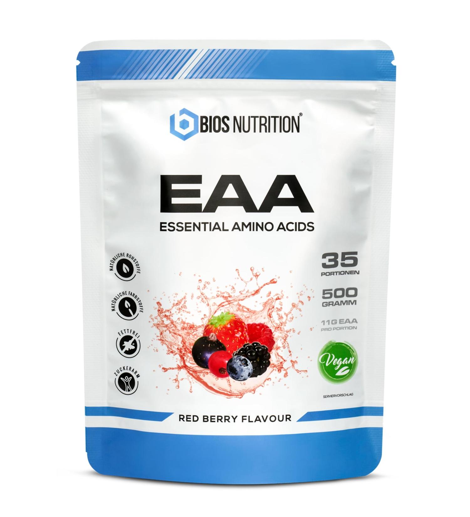 EAA Powder Red Berry 500G - Essential Amino Acids 11G Protein Vegan No Aftertaste - BIOS Nutrition (Made in Germany) - Buy Online on GoSupps.com