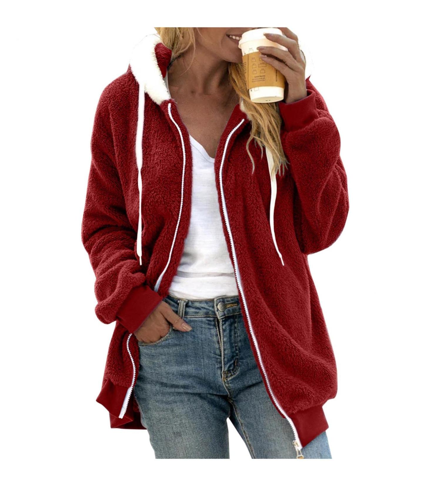 Buy Ronony Women's Plush Teddy Jacket - Cozy Fleece Zip Hoodie for Teen Girls - Stylish Winter Coat in Red - Buy Online on GoSupps.com