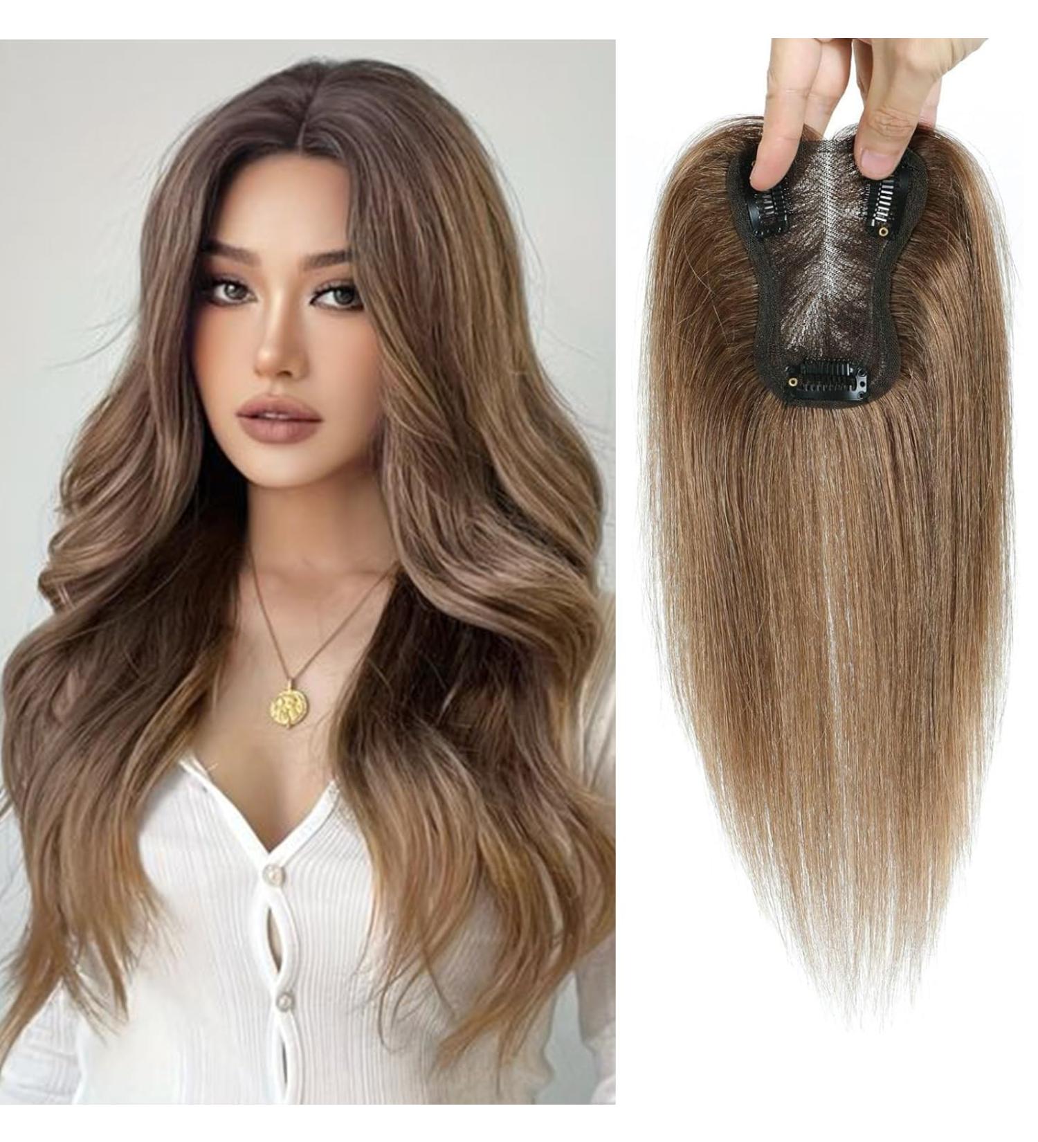 GULALUUK Real Human Hair Topper for Thinning Hair - Ombre Light Brown/Dark Roots (10inch) - 120 Density Swiss Base Clip-in Topper - Buy Online on GoSupps.com