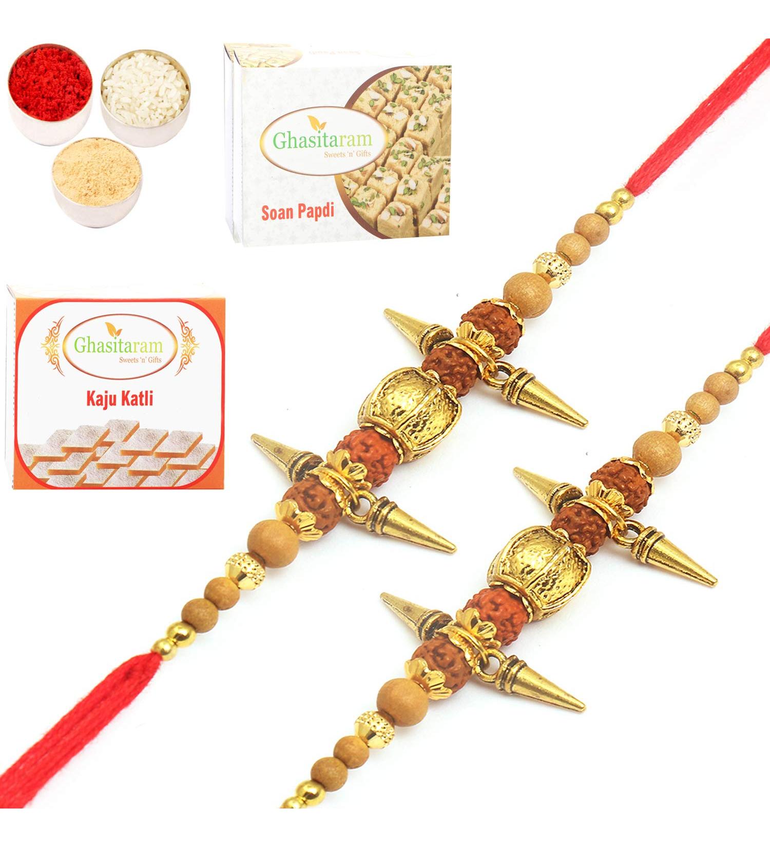 Ghasitaram Gifts Rakhi for Brother Rakhis Online - Set of 2 - AU7002- Rudraksh Rakhi with 200 GMS of Kaju katli and 200 GMS of Soan Papdi 2 Rakhis with 200 gms of Kaju katli and Soan Papdi - Buy Online on GoSupps.com