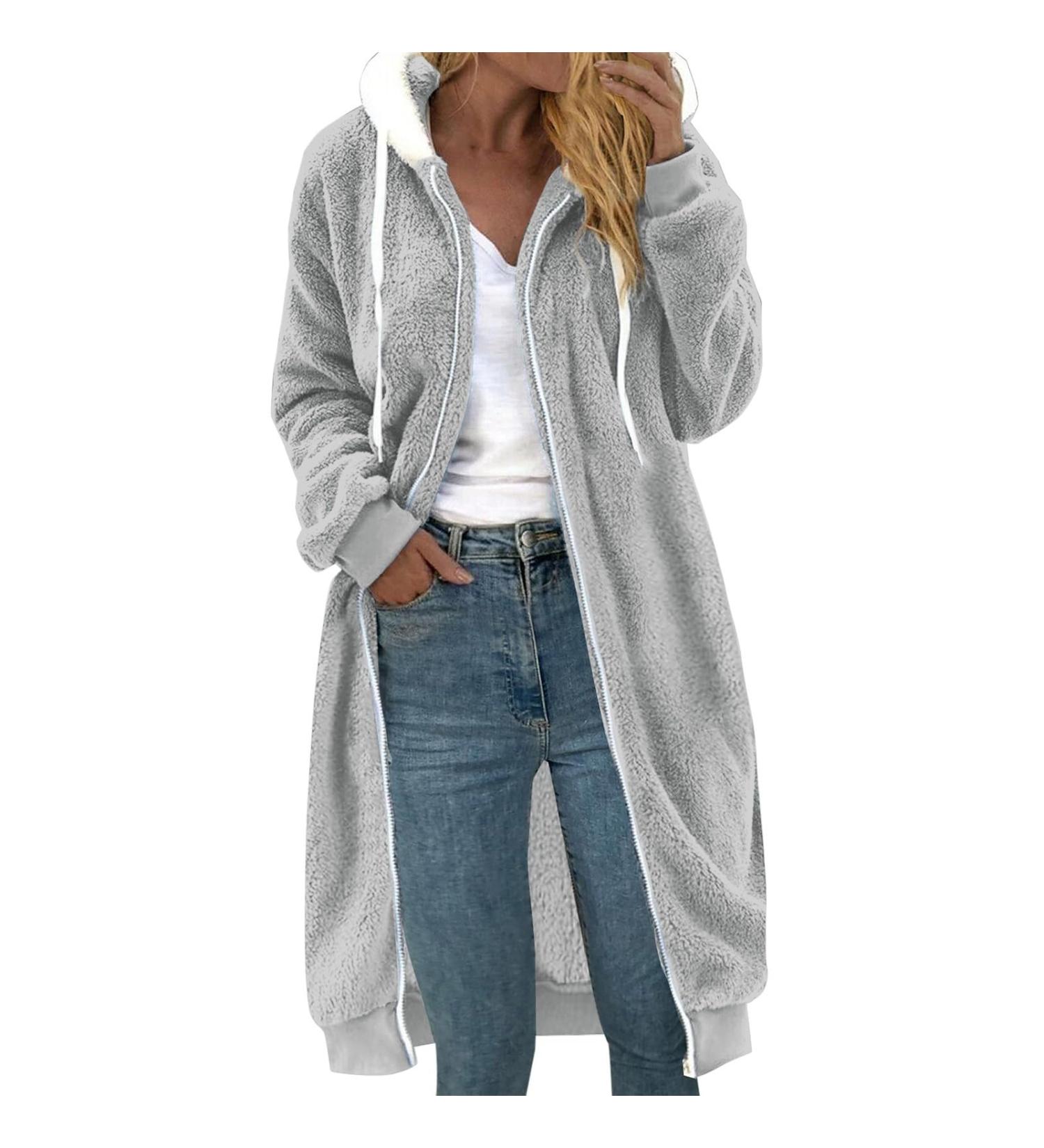 Hanxiulin Ladies Fleece Jacket | Plush & Cuddly Warm Winter Coat | Long Hood Synthetic Fur | Premium 3XL Gray Autumn Jacket - Buy Online on GoSupps.com