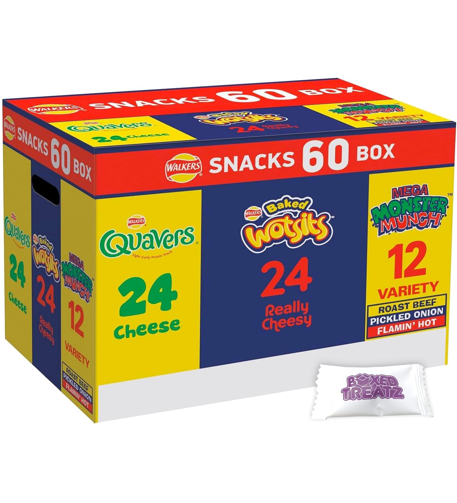 Walkers Crisps Snack Variety Box 60 Pack Quavers Baked Wotsits Mega Monster Munch Crisps Snack Mix Party Box Boxed Treatz - Buy Online on GoSupps.com
